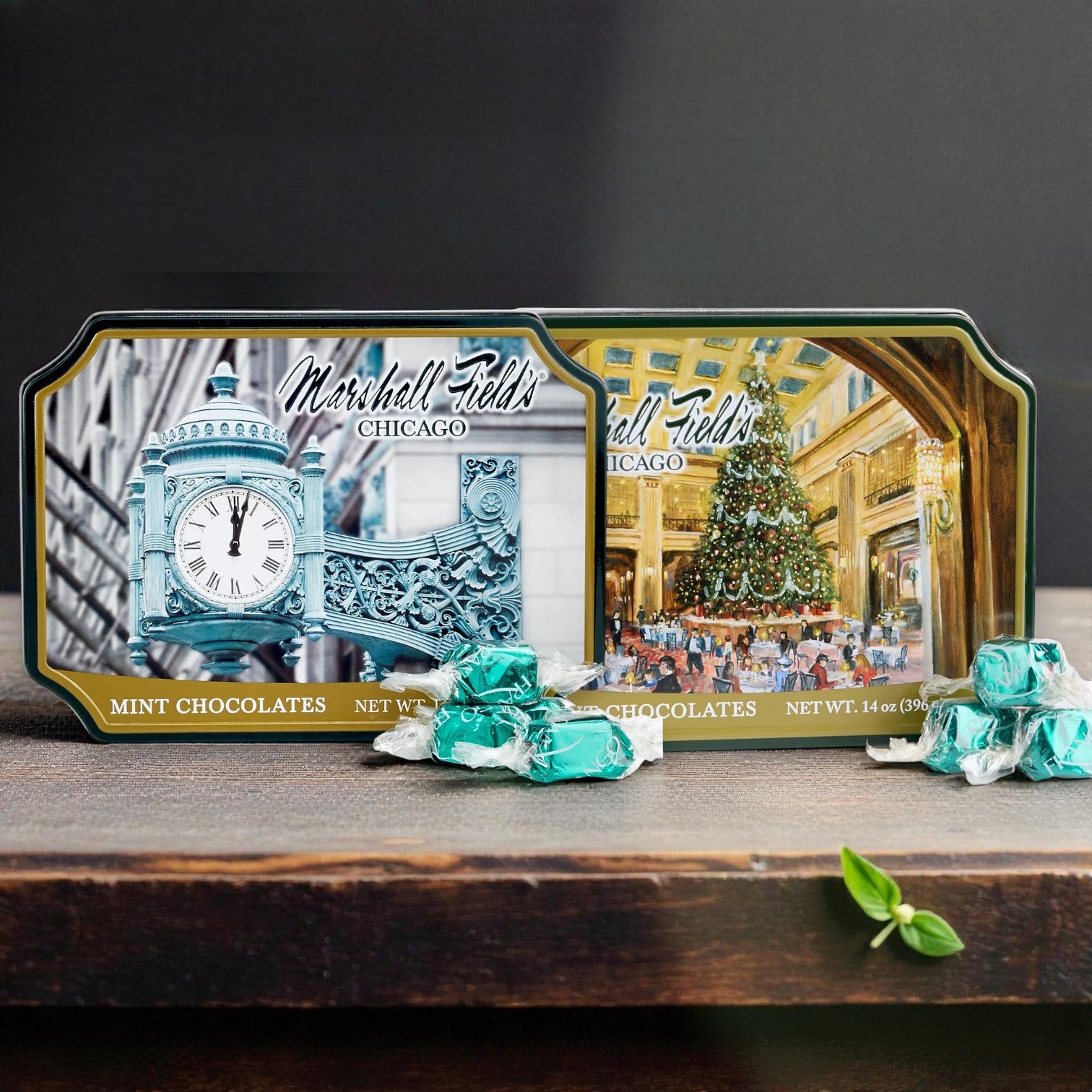 (2-Pack) Marshall Field’s Holiday Clock Tin Milk Mint Chocolates (14 oz) & Walnut Room Tin Milk Mint Chocolates (14 oz)
