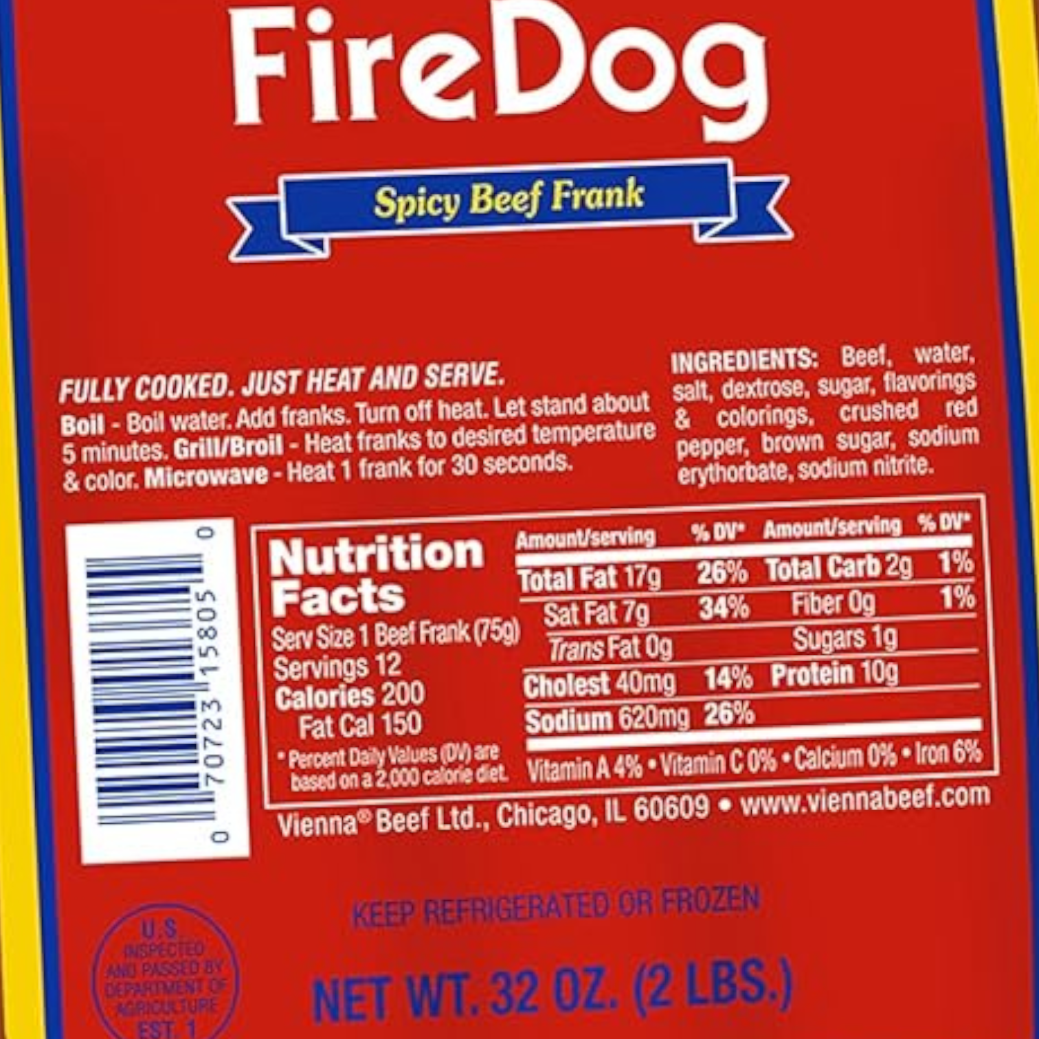 Vienna Beef Fire Spicy Jumbo Franks – 12 Count (32 oz Pack)