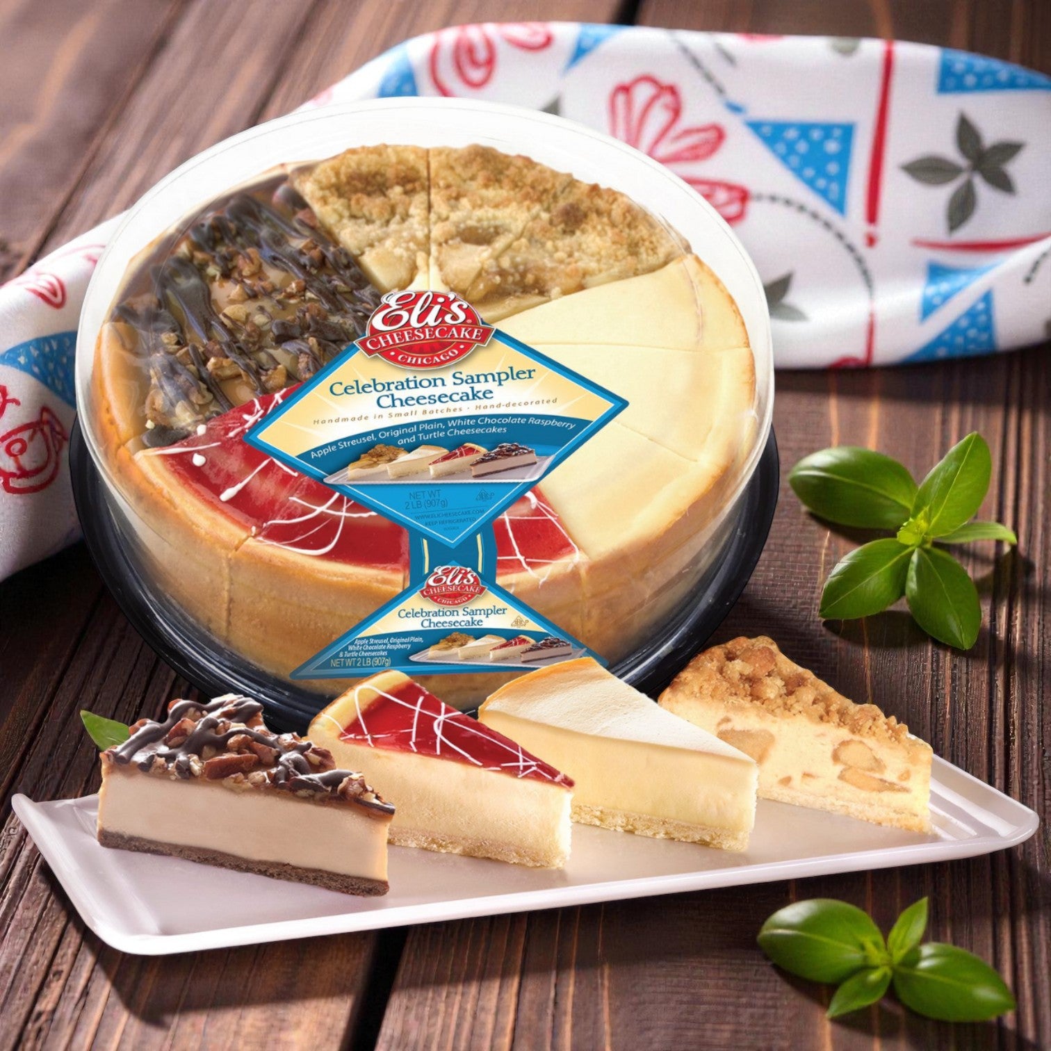 Chicago's Best – Iconic Eats from the Windy City: Savor Giordano's Deep Dish Stuffed Cheese Pizza with Eli's Celebration Cheesecake Sampler—four assorted slices in a plastic container, the perfect sweet finish to a Chicago classic meal.