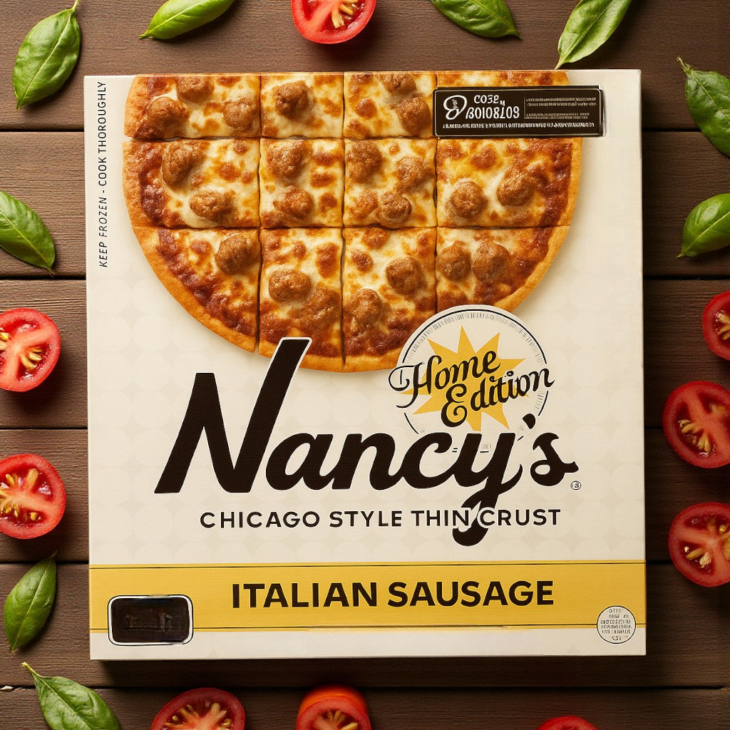 A 17.76 oz box of Nancy's Pizzeria Home Edition Chicago Style Thin Crust Italian Sausage Pizza rests on a wooden surface, surrounded by basil leaves and sliced tomatoes.