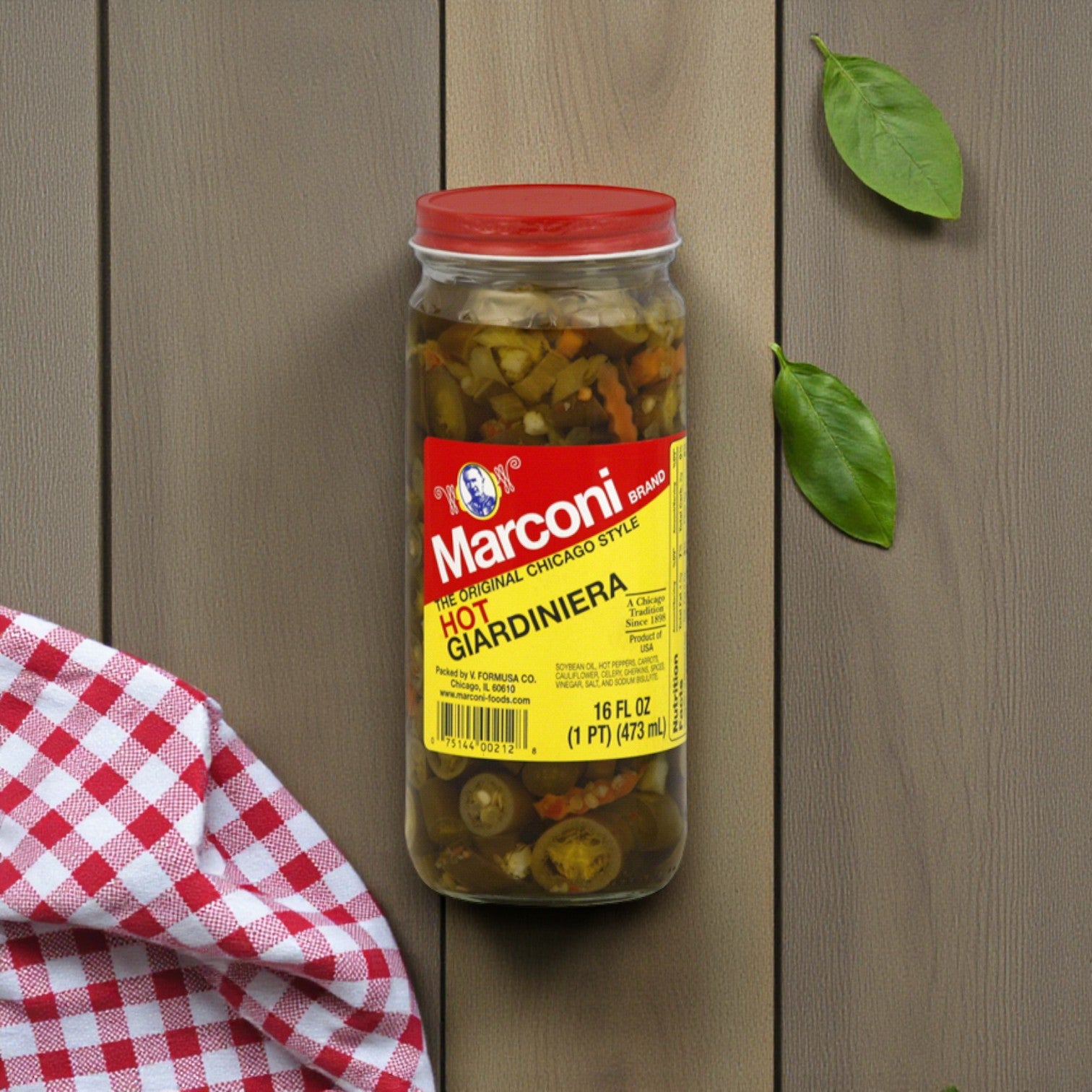 A jar of Hot Marconi Giardiniera sits next to Giordano's Pepperoni and Cheese Deep Dish Pizzas from Chicago's Best – Iconic Eats from the Windy City, perfect for spicing up your authentic Windy City meal.