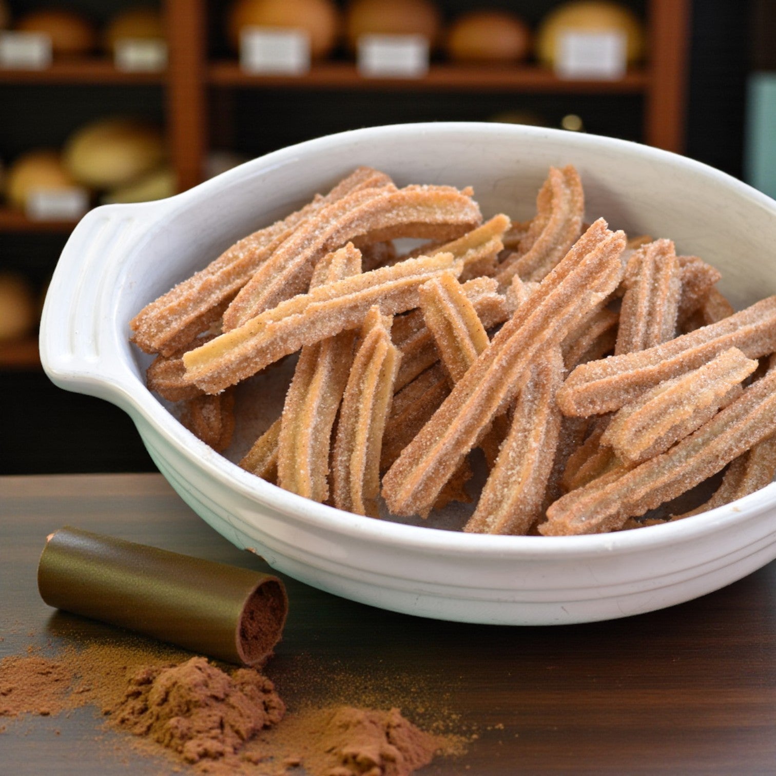 A white bowl of Easy Lunches Hola Churros! Pastry Sticks, Cinnamon Sugar – 25 Count sits on a wooden surface beside a cinnamon stick and a small pile of ground cinnamon.