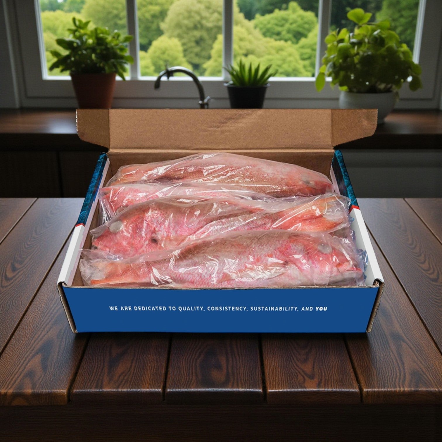 A 10 lb box of Netuno Frozen Whole Caribbean Red Snapper (¾ to 1 lb each) sits on a wooden table, with plants and a window in the background.