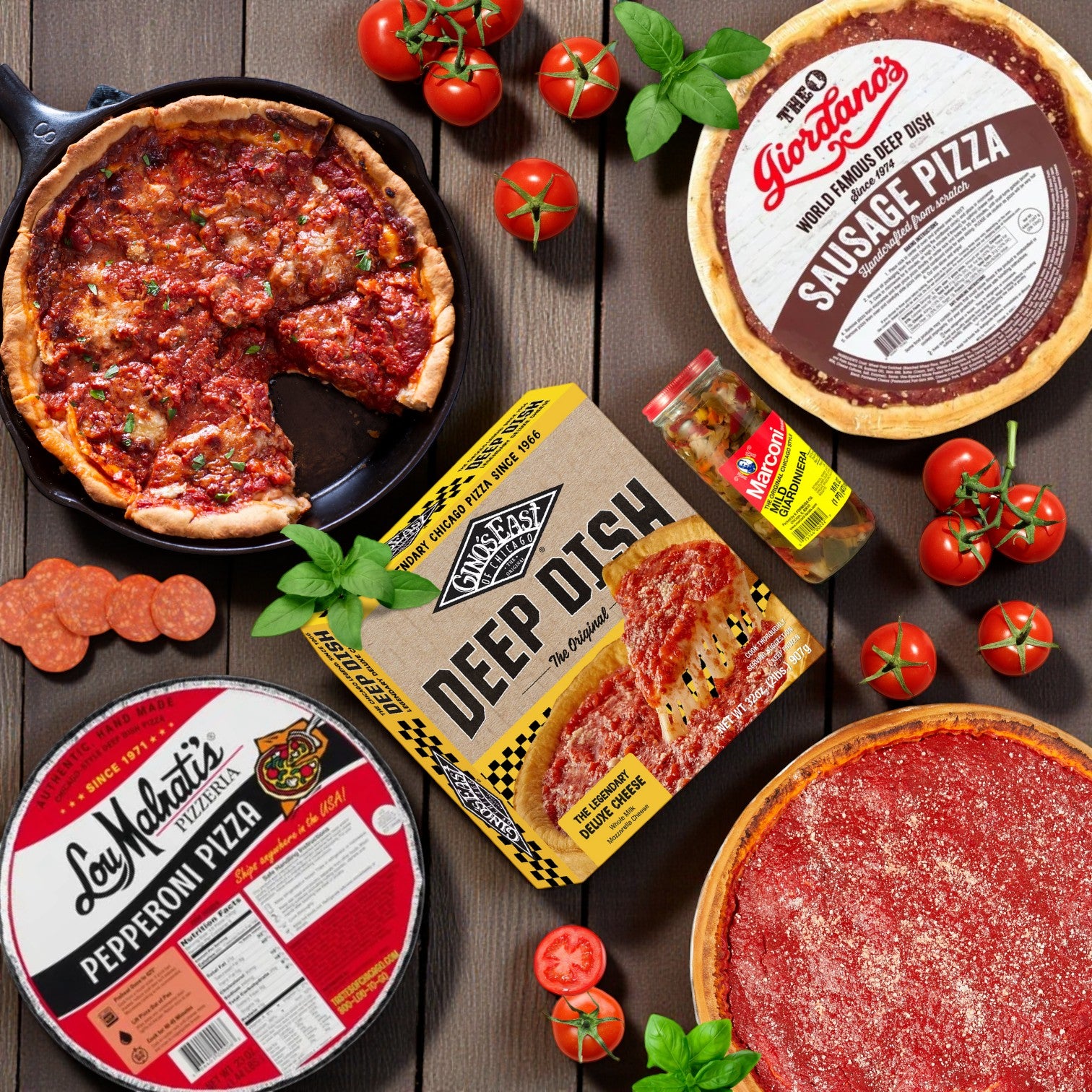 Chicago's Best Deep Dish Pizza 3 Pack Combo from Lou Malnati's includes Lou Malnati's, Gino's East, and Giordano's pizzas, with packaging and toppings like pepperoni, cherry tomatoes, hot peppers, and basil displayed on a wooden surface.