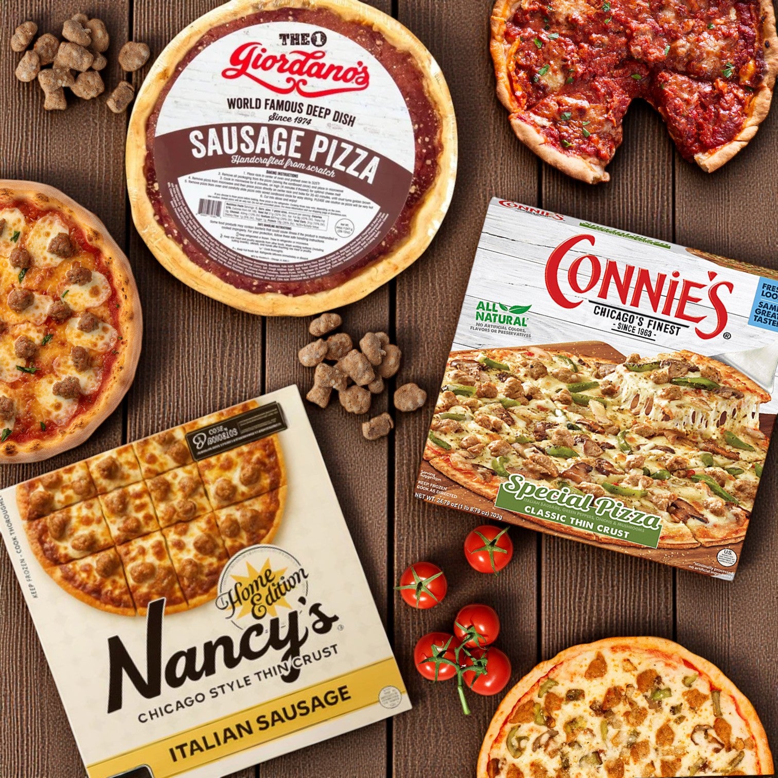 Three iconic pizzas from Chicago's Best – Iconic Eats from the Windy City’s Pizza Lovers Combo are displayed on a wooden table, garnished with raw sausage pieces and whole tomatoes for decoration.
