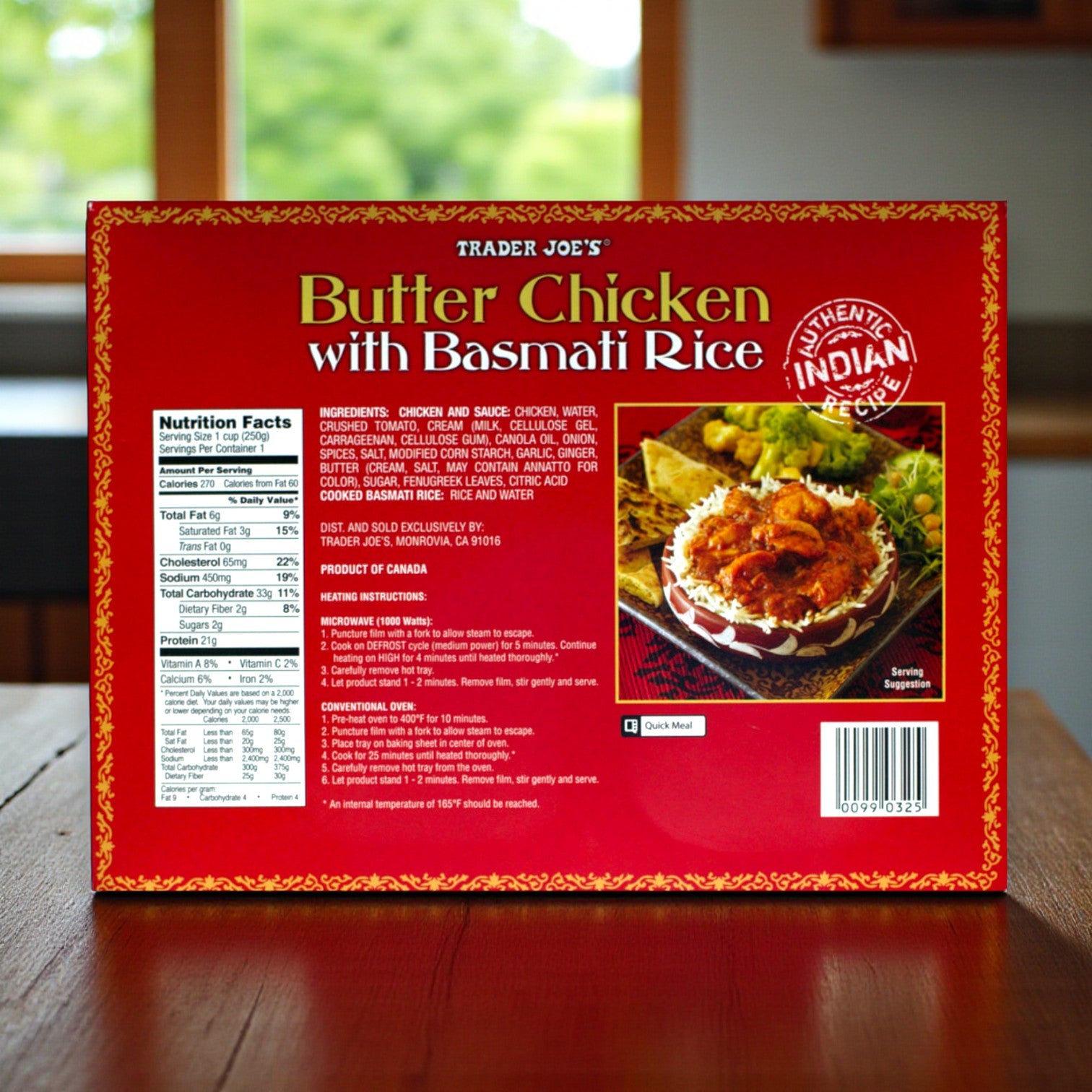 The back of an Easy Lunches Trader Joe’s Butter Chicken with Basmati Rice – 12.5 oz box shows nutrition facts, ingredients, heating instructions, and a photo of the prepared Indian meal.
