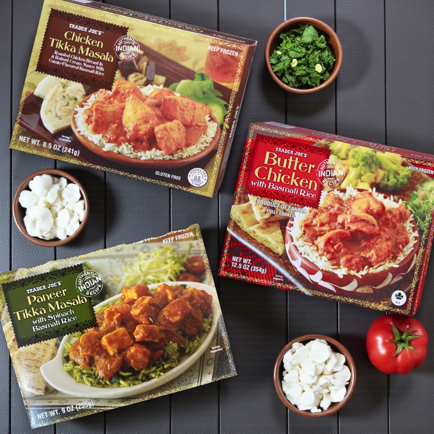 Three Easy Lunches favorites—Chicken Tikka Masala, Butter Chicken with Basmati Rice, and Tikka Masala with Spinach Basmati Rice—are shown together, highlighting the tempting Indian Cuisine Combo 3 Pack Variety.