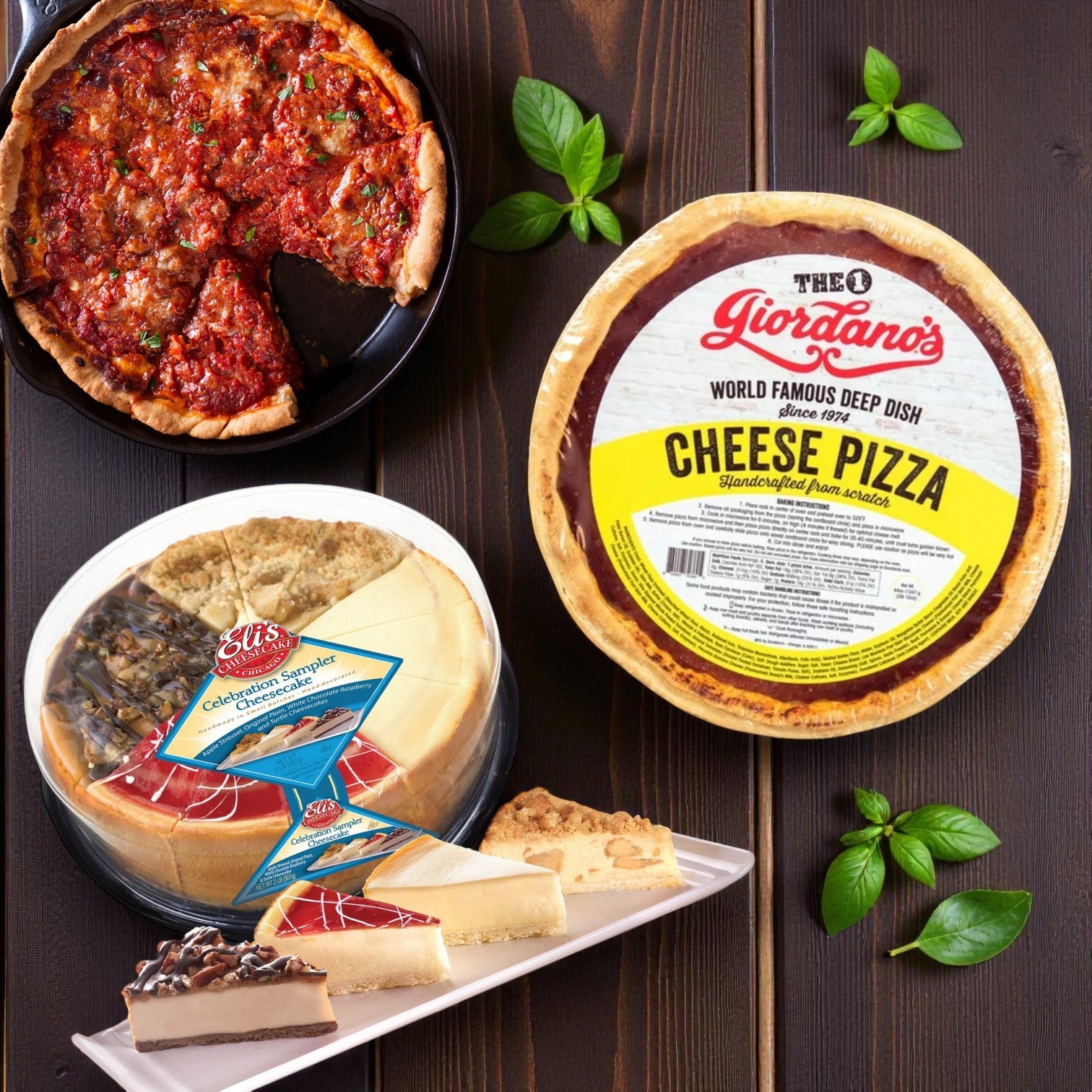 Giordano's Deep Dish Stuffed Cheese Pizza and Eli's Celebration Cheesecake Sampler from Chicago's Best – Iconic Eats are displayed on a dark wood surface, accented with basil leaves for a delicious Windy City combo.