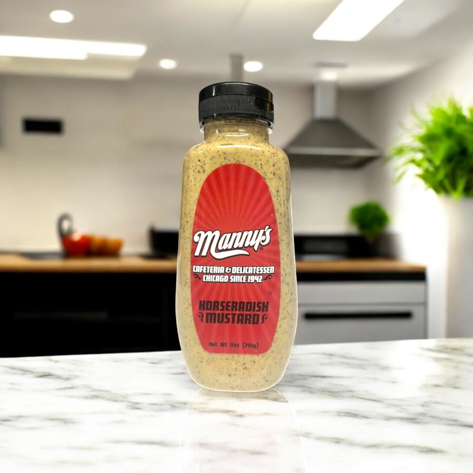 A bottle of Manny's Deli Horseradish Mustard-1 Count by Manny's sits on a kitchen counter, ready to become your new favorite tangy condiment.