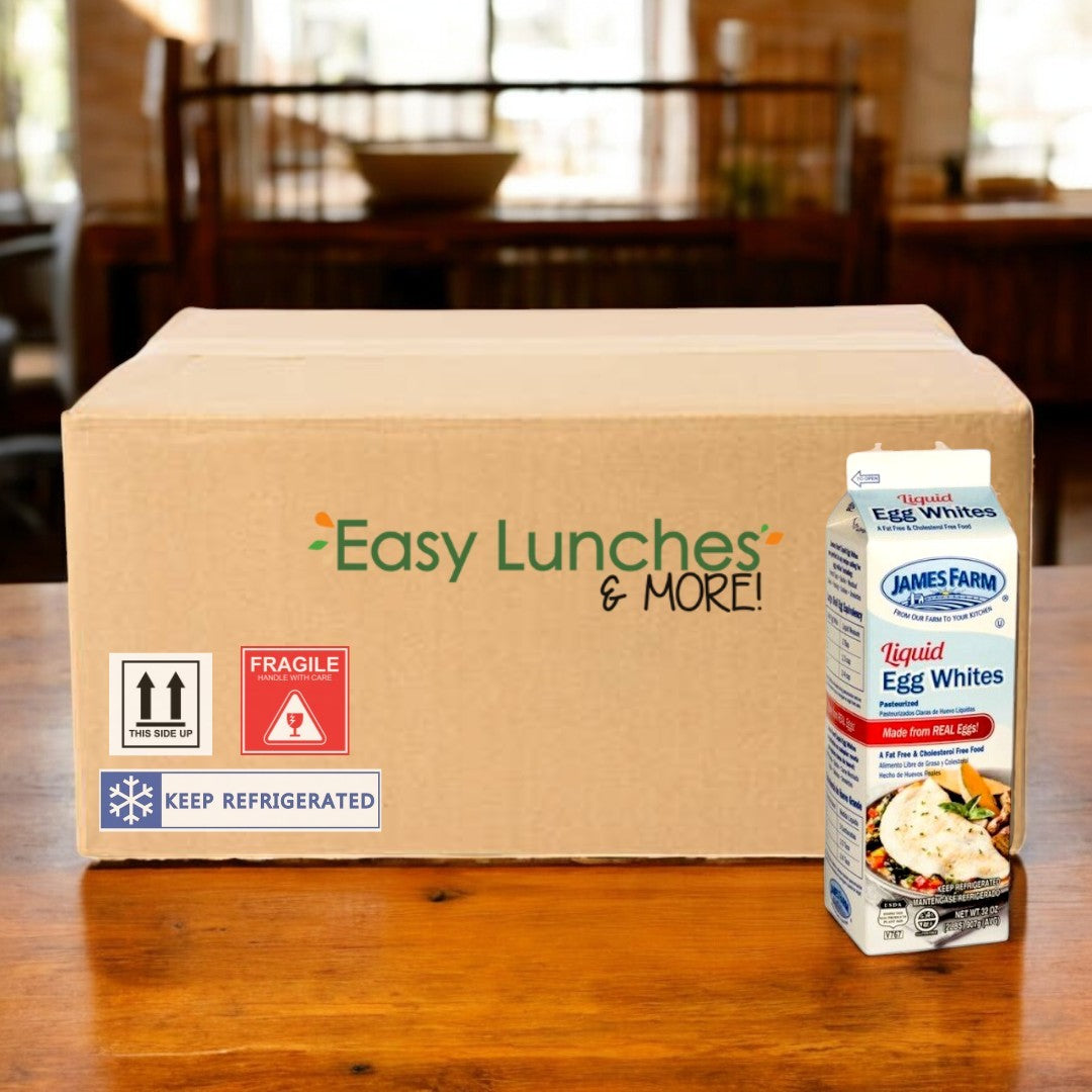 A cardboard box labeled "Easy Lunches & More!" sits next to a Restaurant Depot James Farm Egg Whites 2 lb Carton (Case of 15). The box displays fragile and refrigerated stickers.