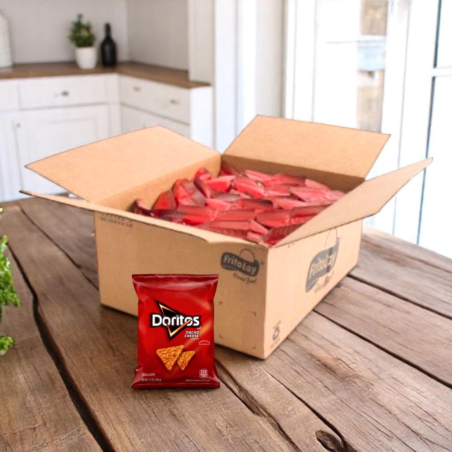 A case of Doritos Nacho Cheese (24 count, 2.5 oz each) sits on a wooden kitchen table, perfect for single-serving snacks.
