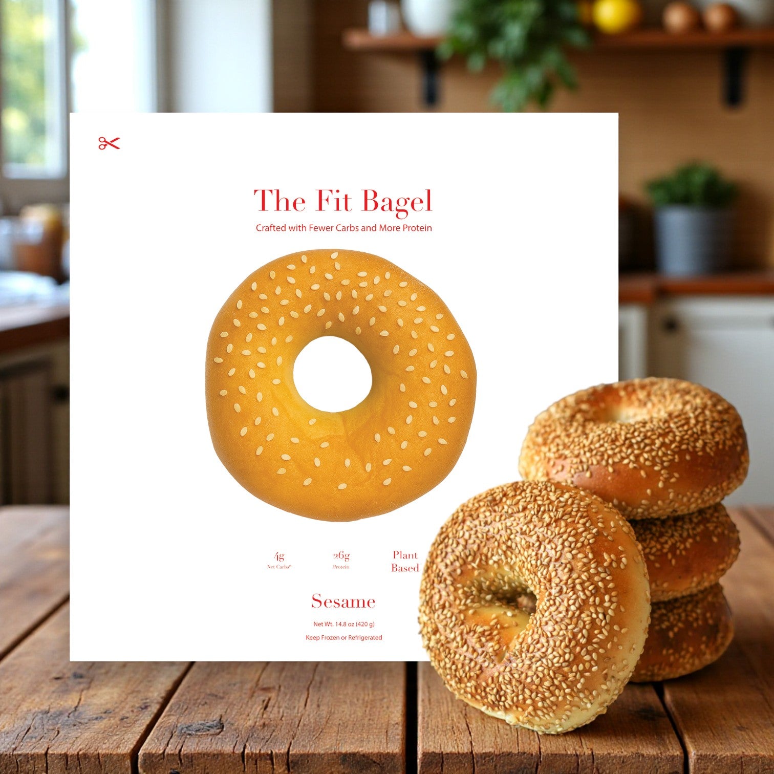 A display features The Fit Bagel’s Better Brand Bagel & Fit Bagel Variety Pack, showing a sesame bagel image on the box beside a stack of low net carb bagels on wood; includes 8 bags (2 Classic, 2 Pretzel Buns, 2 Sesame, 2 Everything, 32 bagels total).
