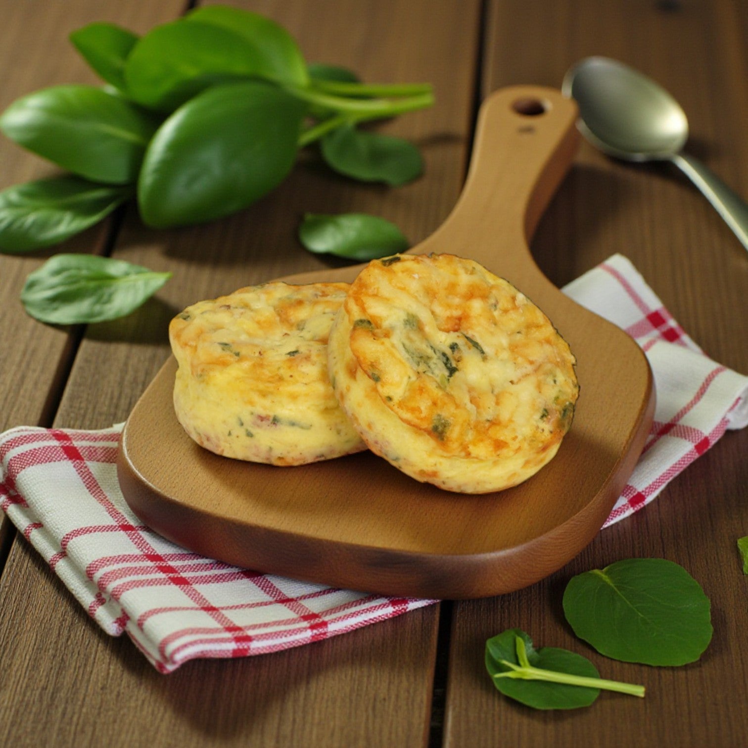 Two Sysco Egg Frittata with Swiss Cheese, Bacon & Spinach sit on a wooden board with fresh greens and a spoon nearby—ideal for breakfast catering or a brunch spread. Wholesome Farms Imperial, 24/3.5 oz.