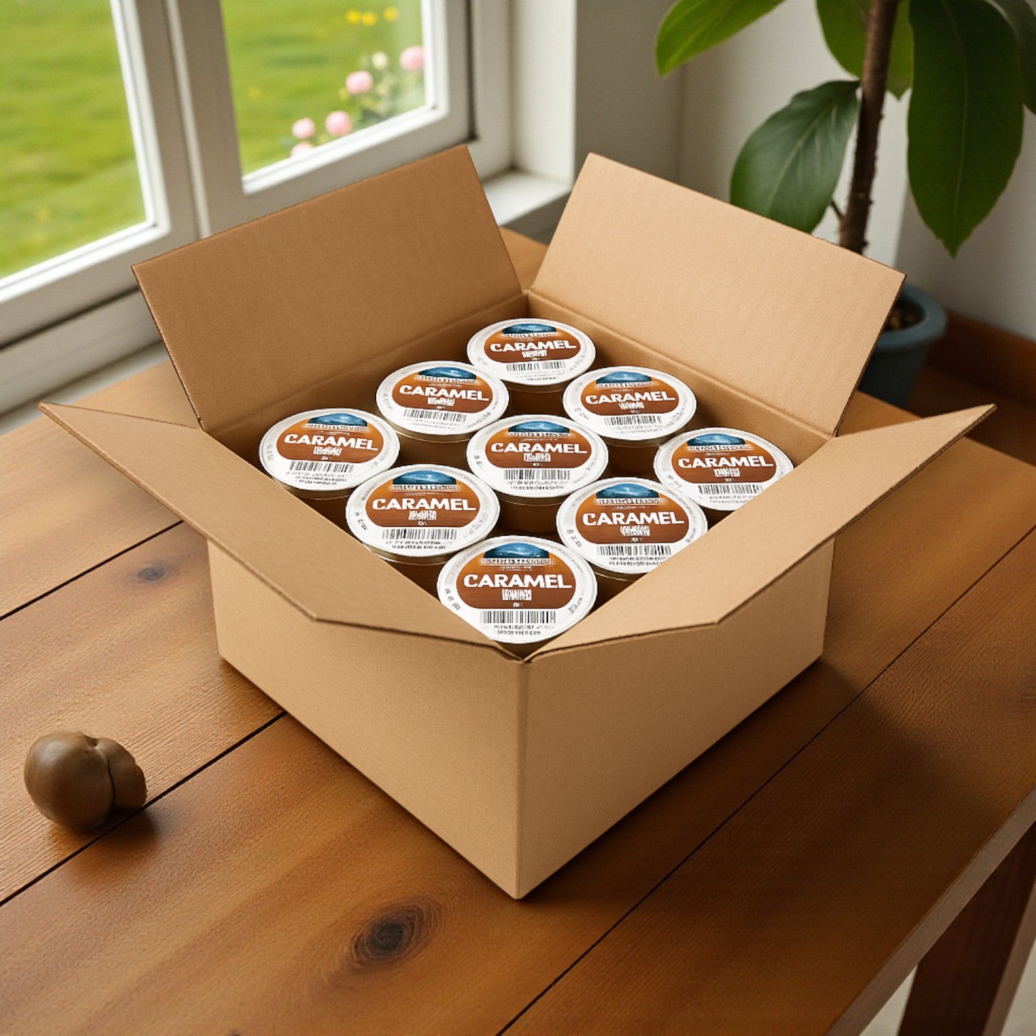 An open box of "made for you" Caramel Dip, 1 oz Cups (100 Count Case) sits on a wooden table. The shelf-stable cups resemble single-serve caramel treats. A small plant and a window are visible in the background.