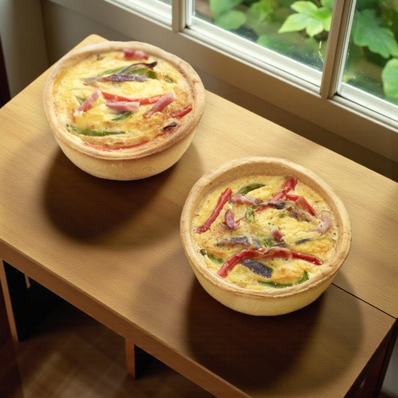 Two quiches made with Pidy Inc. Pastries Pidy Pastry Shells for Quiche, Baked 4.5", filled with red pepper, green veggies, and ham, rest on a wooden table by a window. The shells come in a 42 count case.