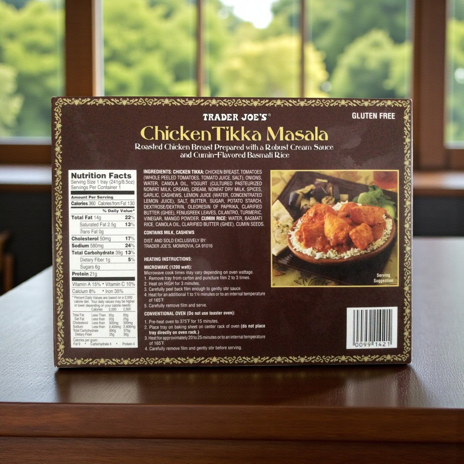 The back of an Easy Lunches Trader Joe’s Indian Cuisine Combo – 3 Pack Variety box features nutrition facts, ingredients, cooking instructions, and a photo of the combo meals served with basmati rice.