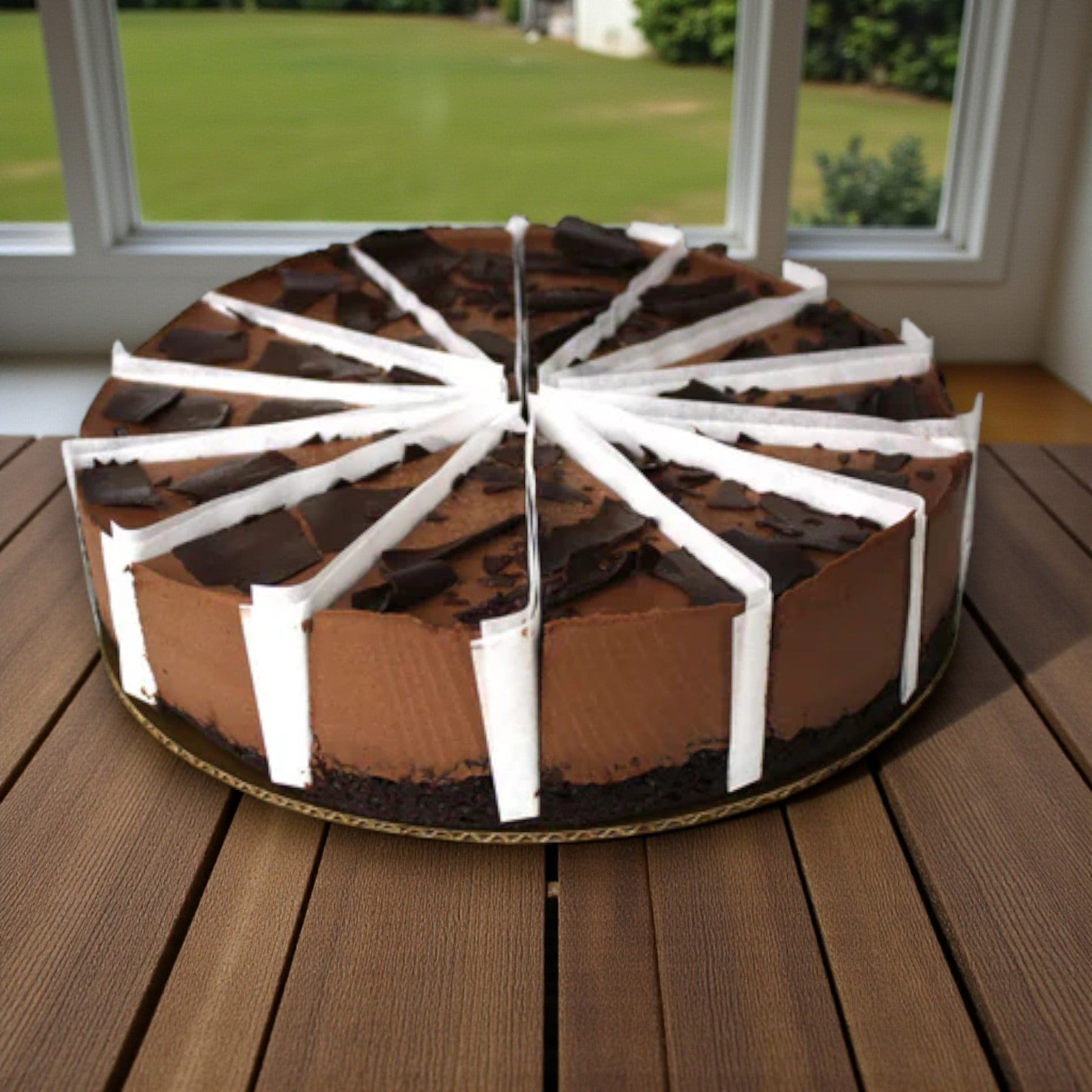 The Easy Lunches Frozen Chef’s Quality Belgian Chocolate Mousse Cake (10", 14 pre-sliced servings with white dividers) is displayed on a wooden table by a window with a garden view.