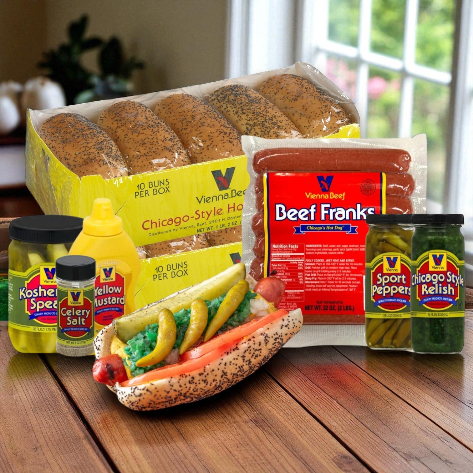 Vienna Hot Dog Kit – Chicago Style (16 Hot Dogs with Buns & Condiments)