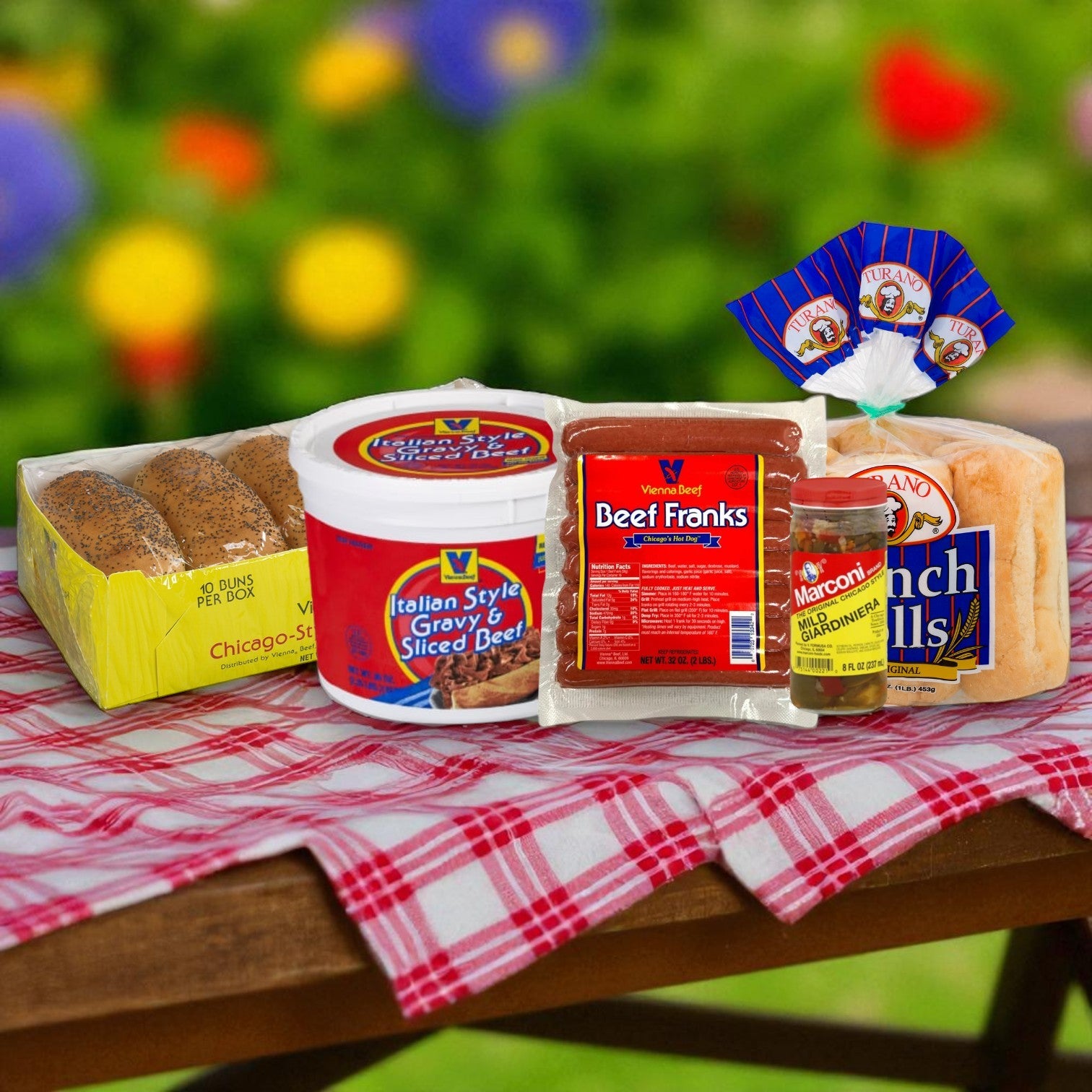 The Vienna Beef & Turano Chicago-Style Meal Kit by Chicago's Best includes Italian beef with gravy, sliced beef, hot dogs, peppers, buns, and French rolls for classic Windy City sandwiches and hot dogs.