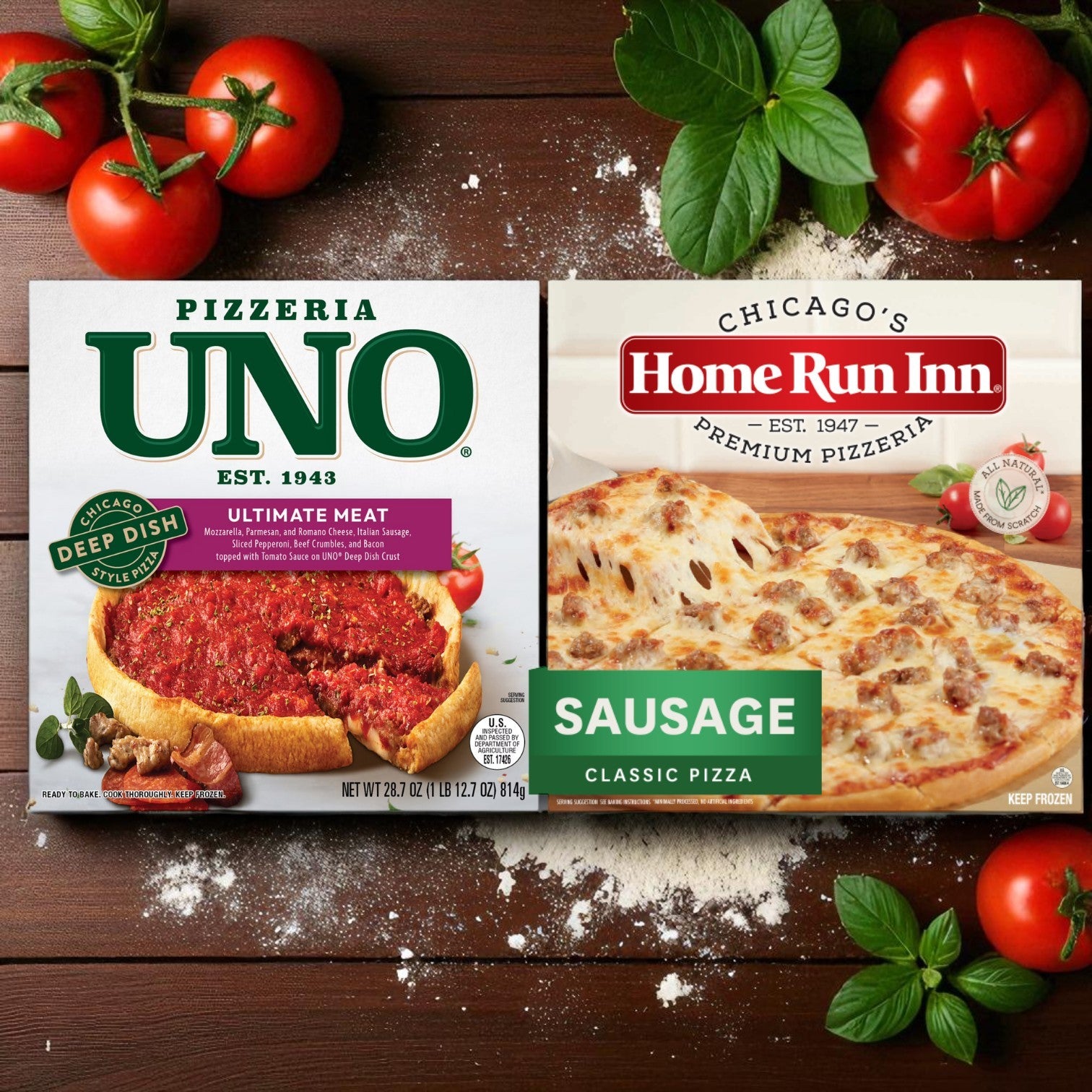 The Chicago Pizza Lovers Bundle from Lou Malnati’s features Home Run Inn, Giordano’s, UNO, and Marconi Giardiniera pizzas displayed on a wooden table with tomatoes and basil.
