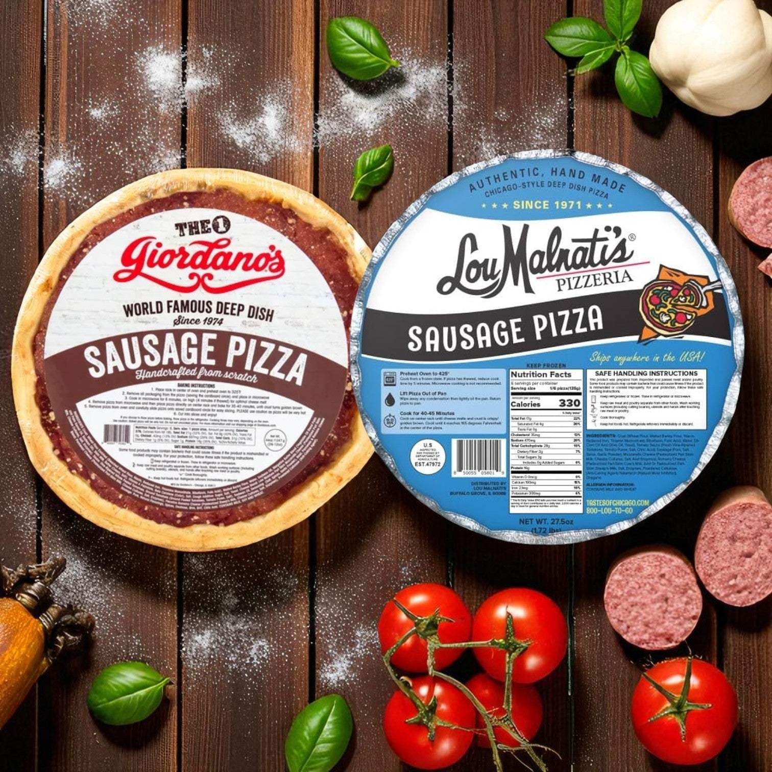 The Chicago Pizza Lovers Bundle from Lou Malnati's features frozen deep dish pizzas from Home Run Inn, Giordano’s, Lou Malnati’s, and Uno, plus Marconi Giardiniera—perfectly displayed with classic toppings on a wooden table.