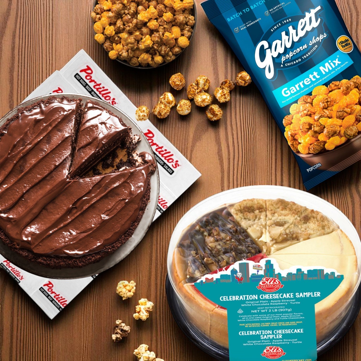 Chicago Dessert & Snack Sampler – Eli’s Cheesecake, Portillo’s Famous Chocolate Cake & Garrett Popcorn