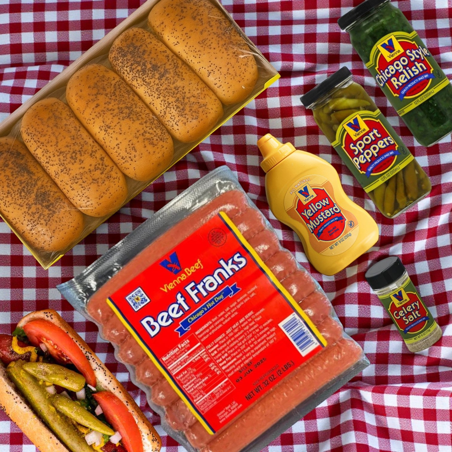 The Vienna Beef Chicago-Style Hot Dog Kit – Serves 10 by Vienna Beef includes beef franks, poppy seed buns, yellow mustard, sport peppers, relish, and celery salt to create classic Chicago-style hot dogs.