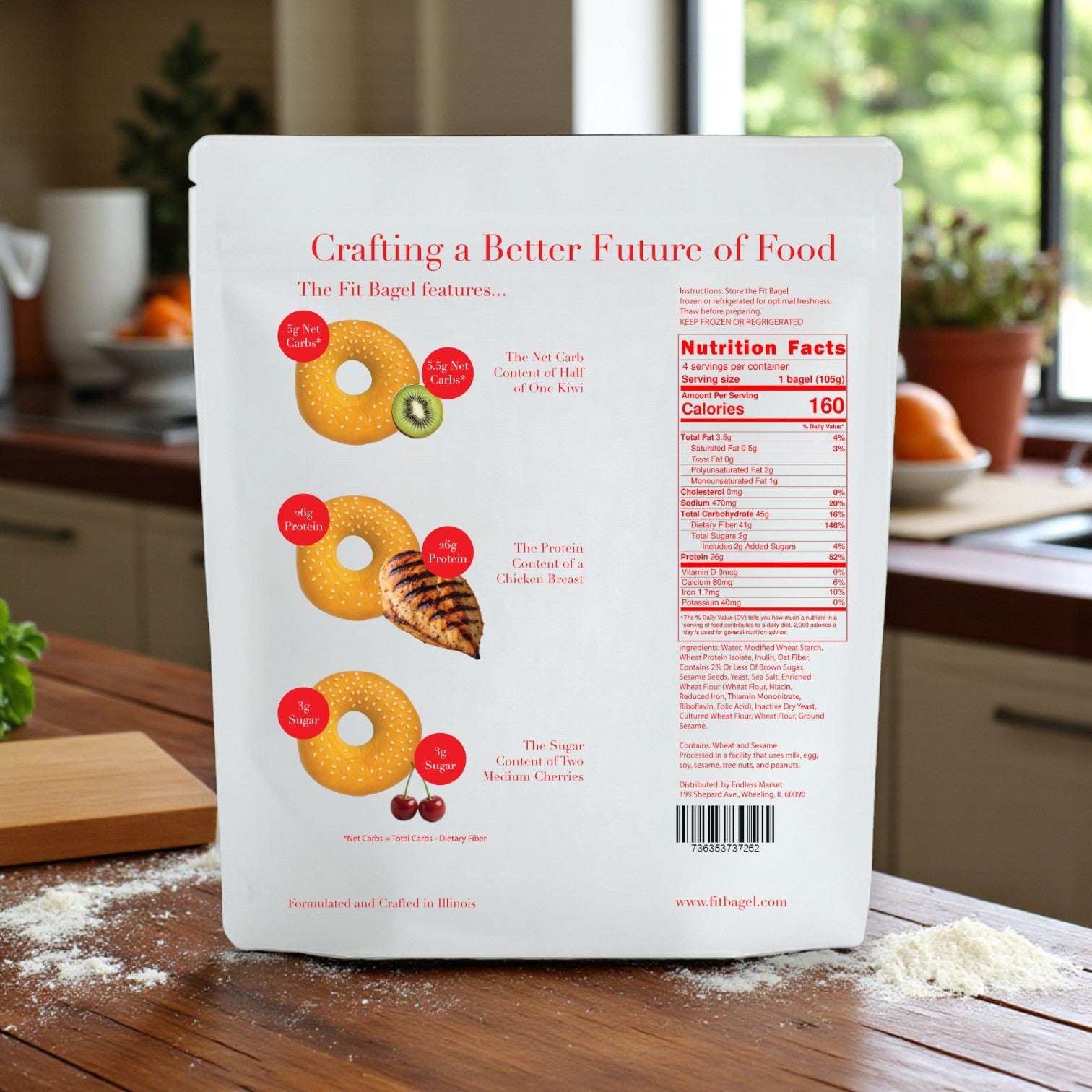 A Fit Bagel Combo Pack by The Fit Bagel—3 varieties, 3 of each (9 bags, 36 bagels)—is displayed on a kitchen counter, showing nutrition info and comparing carbs, protein, and sugar to common foods.