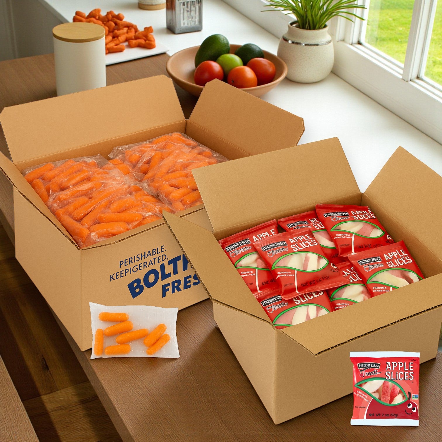 Fresh Apple Slice and Carrots Snack Bags!- Fresh Sliced Apple Packs, 2 oz. – 1 Case (100 Packs) & Baby Carrots in Bags, 1.6 oz. – 200 Bags