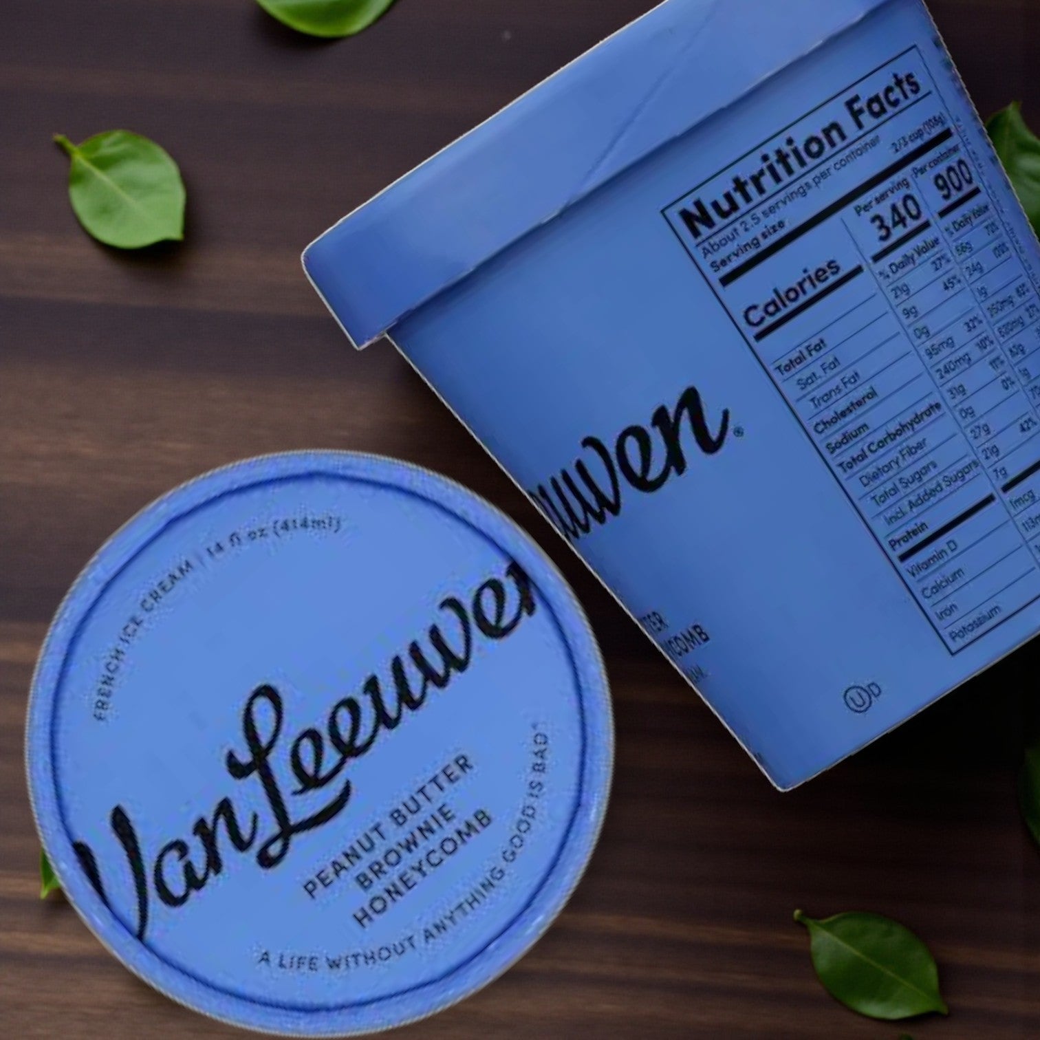 A 6-pint Premium Ice Cream Lovers Combo by Easy Lunches is displayed on a dark surface with green leaves, showing both the lid and the side with nutrition facts.