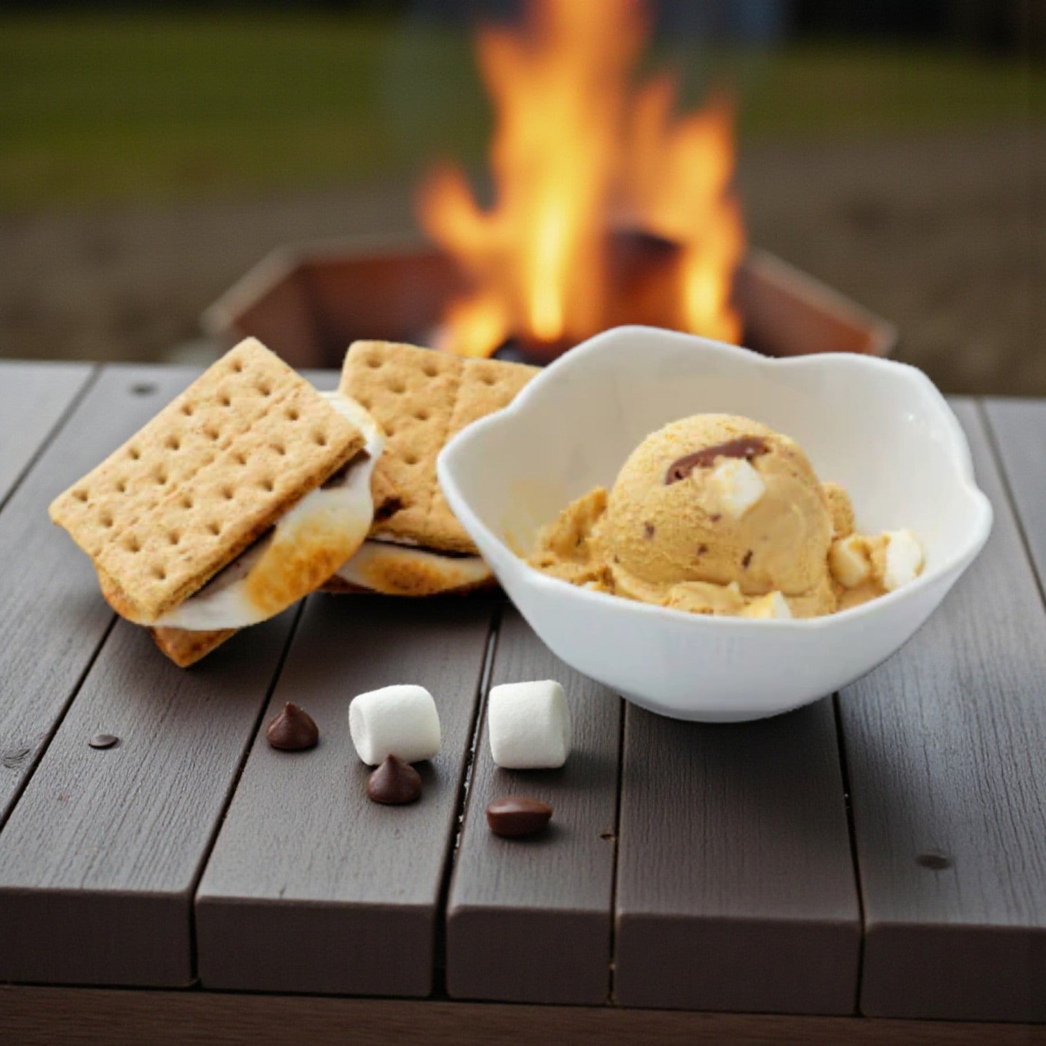 Graeter’s S’mores Chocolate Chip Craft Ice Cream (1 Pint) by Graeter’s sits on a wooden table alongside two s’mores with handcrafted chocolate chips and marshmallows, with a fire pit glowing in the background.