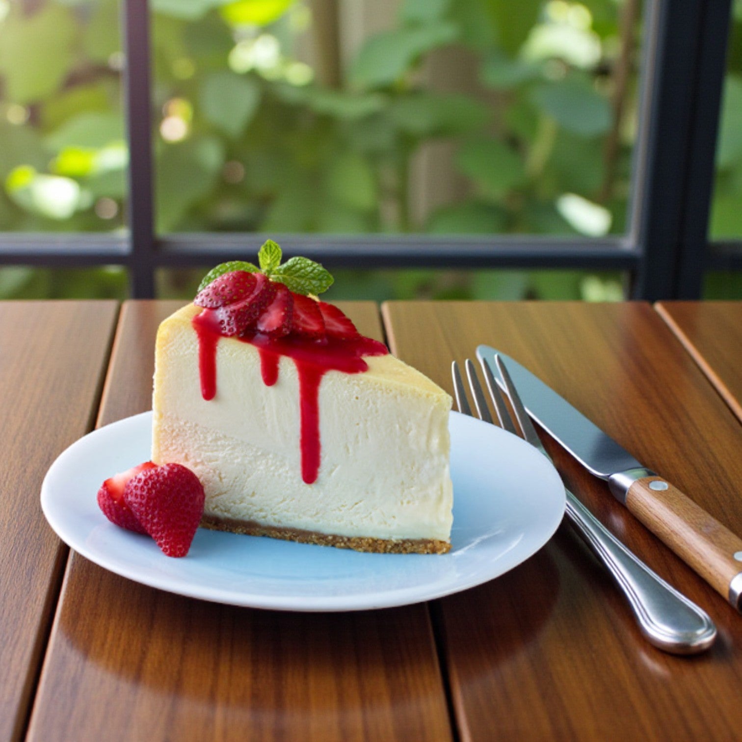 A slice of Love & Quiches Desserts Cheesecake – Plain Sky High, 12", Pre-Cut, sits on a white plate beside a fork and knife on a wooden table, with greenery visible through the window behind it.