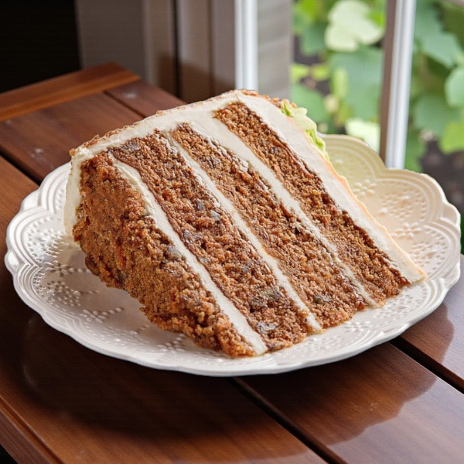 A slice of Easy Lunches Frozen Chef’s Quality Carrot Cake with Cream Cheese Icing (16 slices, 4 lb) is served on a white plate atop a wooden table by the window.