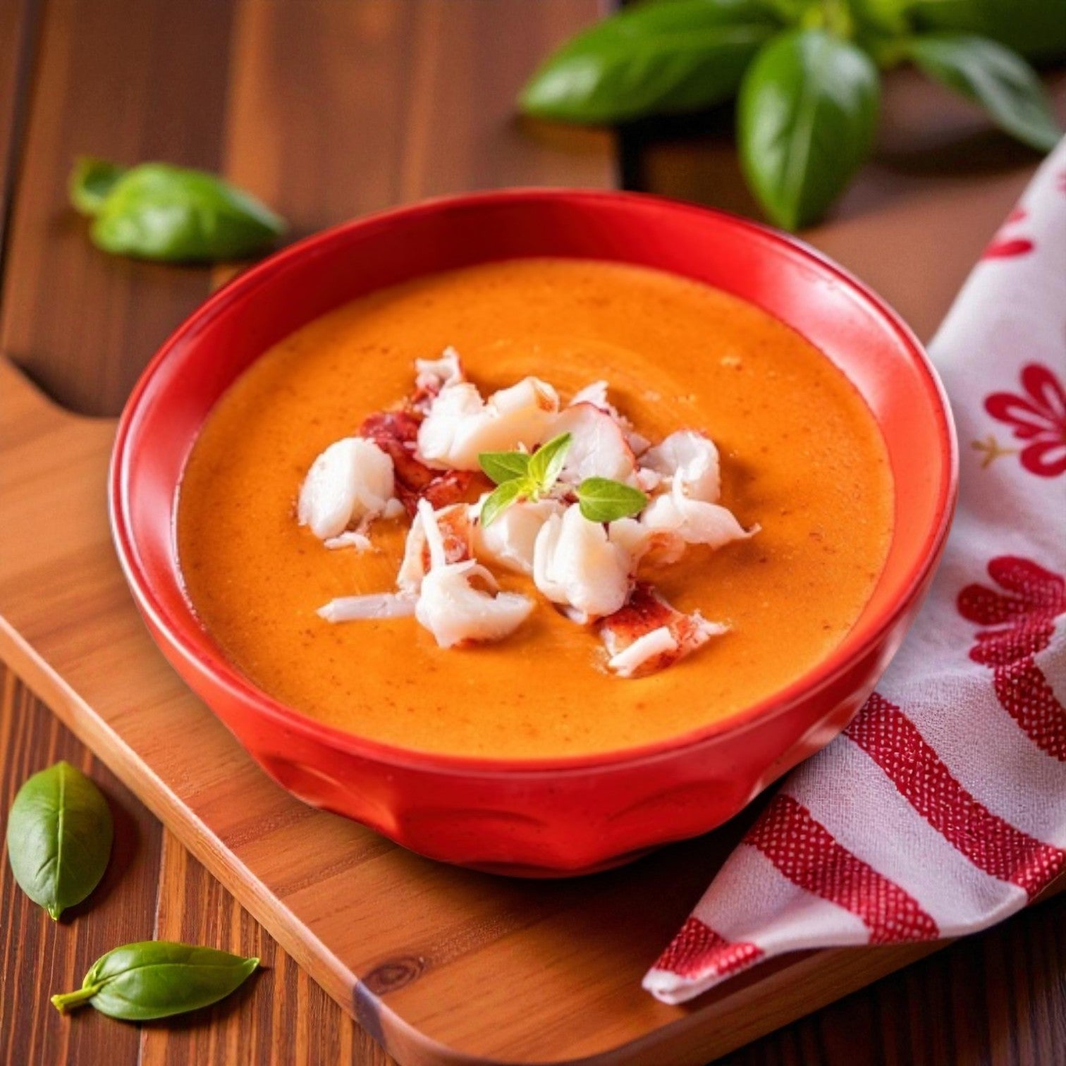 A red bowl of creamy tomato soup topped with Packer Lobster Meat – Claw & Knuckle, served on a wooden board with basil leaves and a red-and-white napkin nearby.