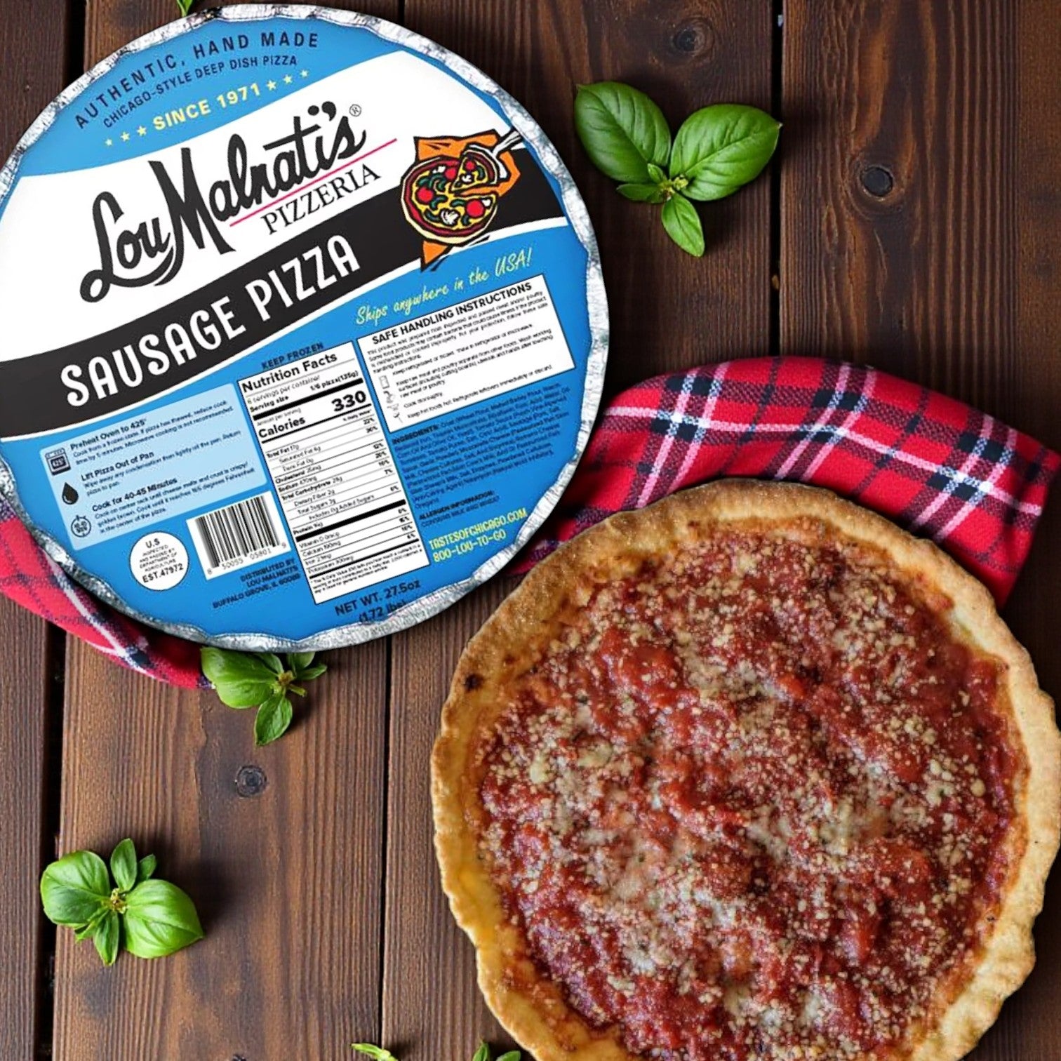 A Chicago's Best – Iconic Eats from the Windy City Combo featuring Lou Malnati’s Deep Dish Sausage Pizza and Portillo’s Italian Beef Sandwich Kit sits in its packaging on a wooden table, garnished with basil and next to a red plaid cloth.