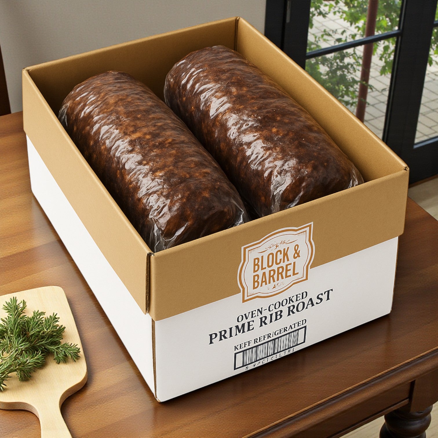Two Sysco Block & Barrel Classic Beef Prime Rib roasts—cooked, boneless, very rare (15%), 11–14 lbs each, 2 per case—sit wrapped in plastic inside a labeled box on a wooden table.