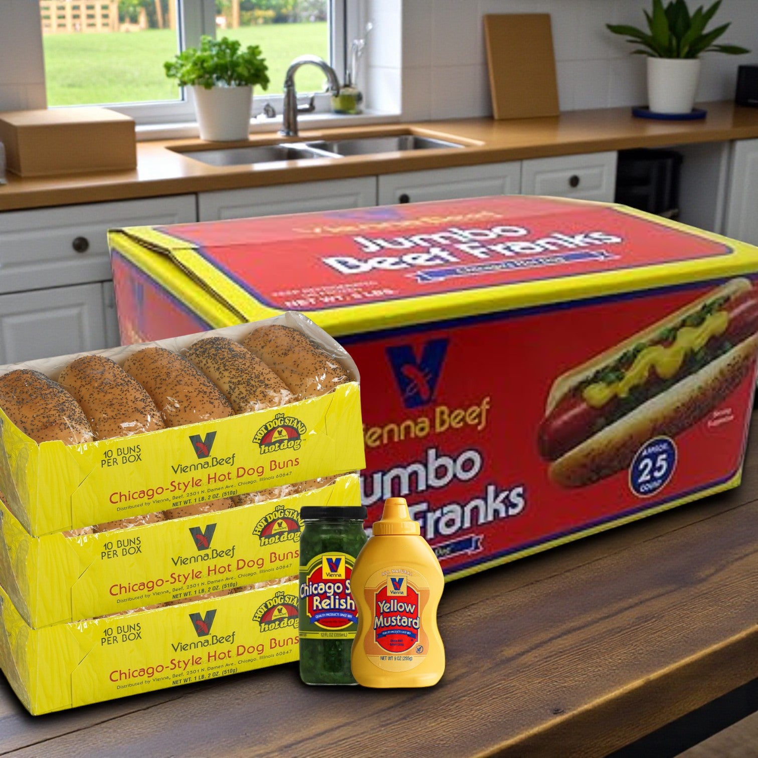Vienna Beef Hot Dog Kit – 25 Franks, Poppy Seed Buns, Mustard & Relish