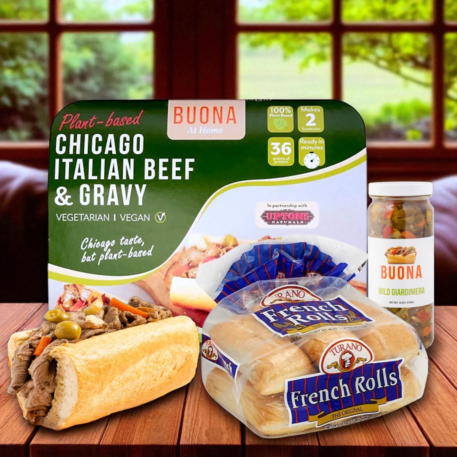Buona Plant-Based Italian Beef Sandwich Kit – Plant-Based Beef & Gravy (17 oz), Mild Giardiniera (16 oz), Turano French Rolls (16 oz)
