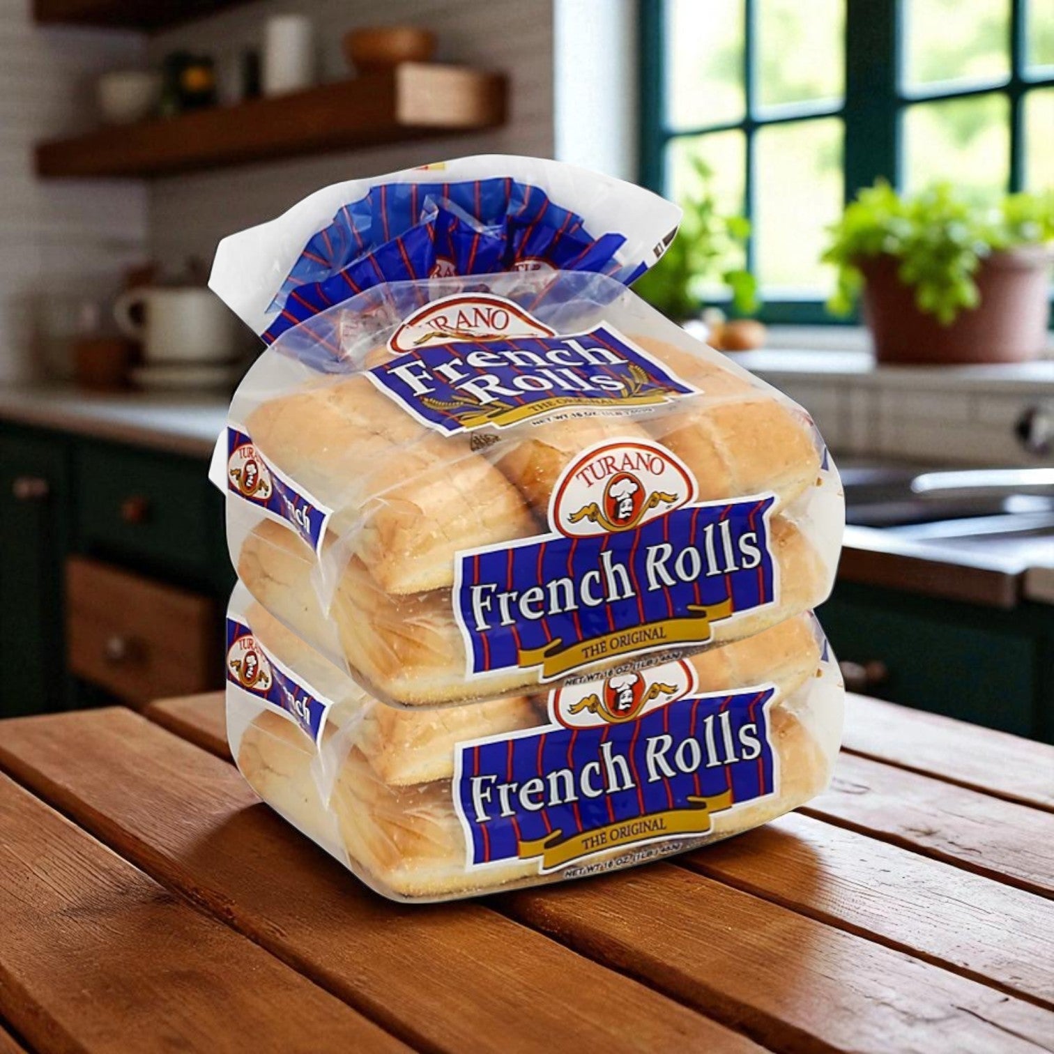 A Buona Italian Beef and Meatballs Meal Kit sits on a wooden kitchen table, ready to serve 12-14 Chicago-style sandwiches, with a green cabinet and window in the background.