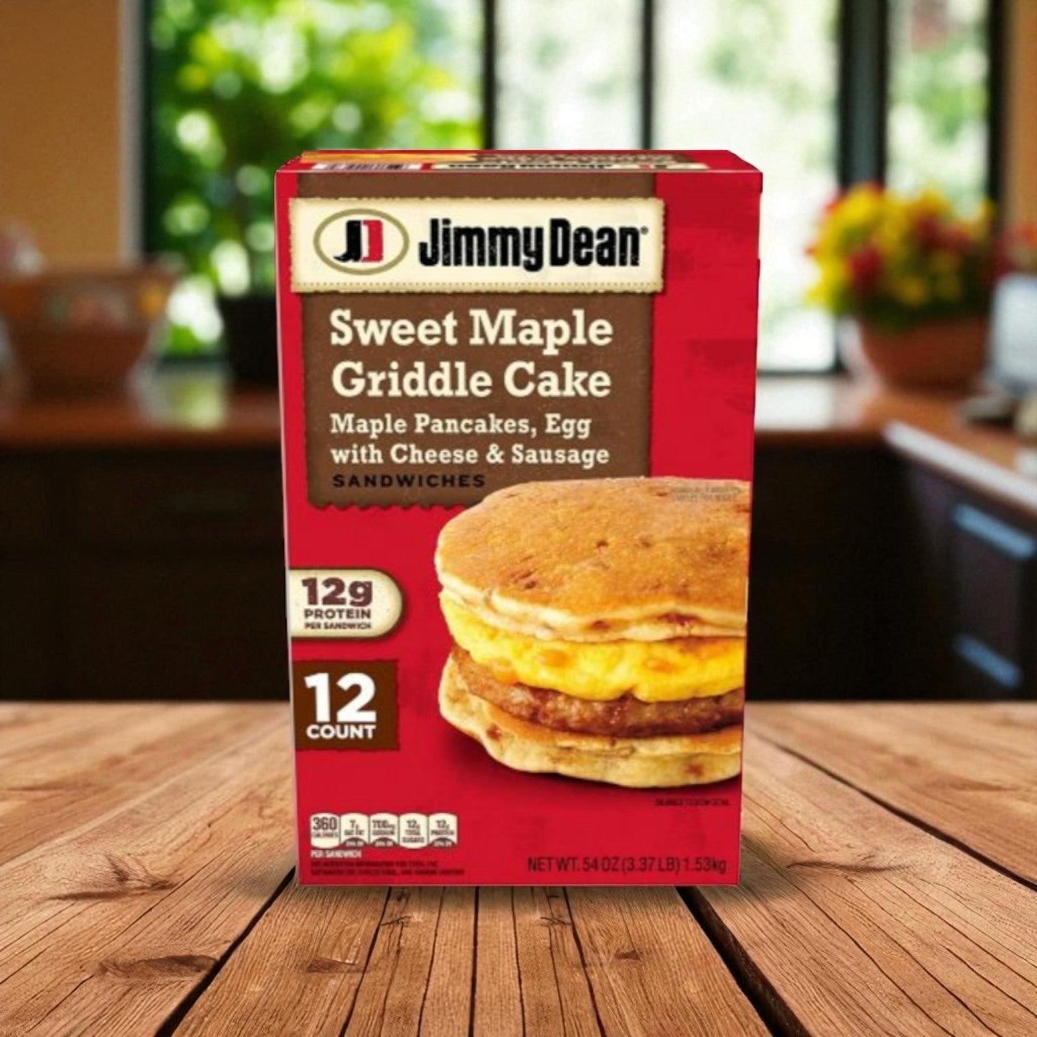 A Jimmy Dean Breakfast Variety Pack – Griddle Cake Sandwiches, Croissant Sandwiches & Meat Lovers Bowls sits on a wooden kitchen counter, ready to deliver a tasty, protein-packed breakfast from one of America's favorite brands.