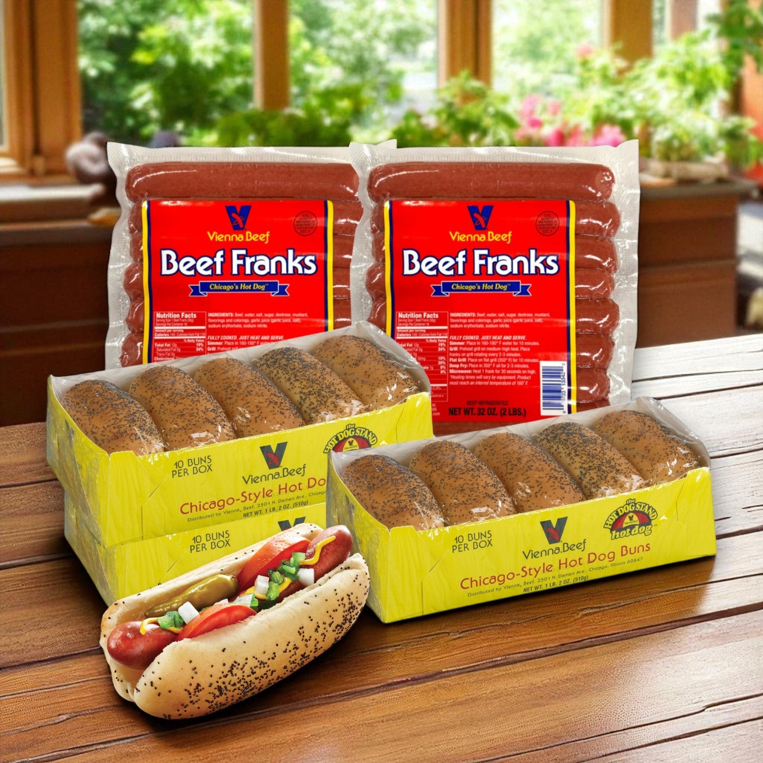 The Vienna Beef Franks & Poppy Seed Bun Combo – 32 Franks & 30 Buns by Vienna Beef is displayed on a wooden table, with a classic Chicago-style hot dog in the foreground.
