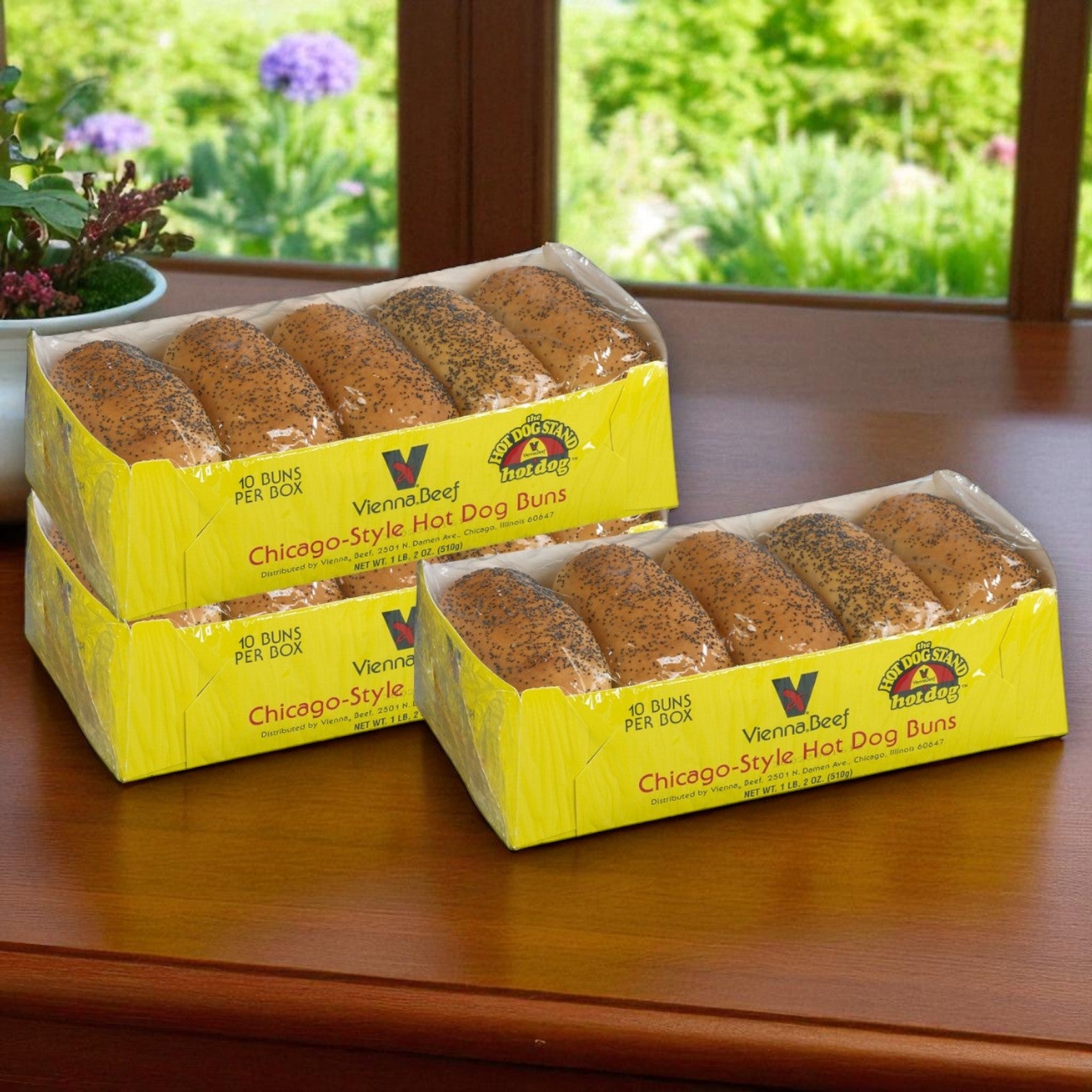 The Vienna Beef Franks & Poppy Seed Bun Combo includes 32 franks and 30 buns, making it perfect for your next cookout or classic Chicago-style hot dog meal.
