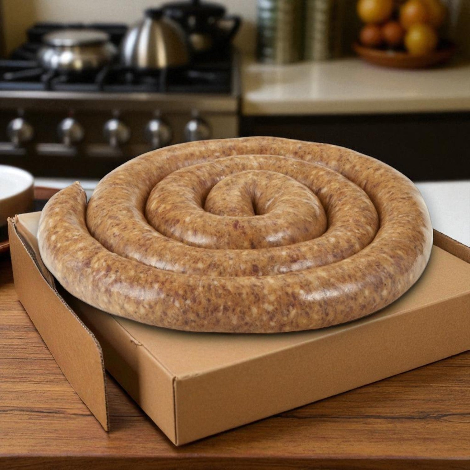 A Sysco Fontanini Mild Italian Rope Sausage – 12 lbs total (2 packs of 6 lbs) is coiled atop a cardboard box in a kitchen with assorted background items.