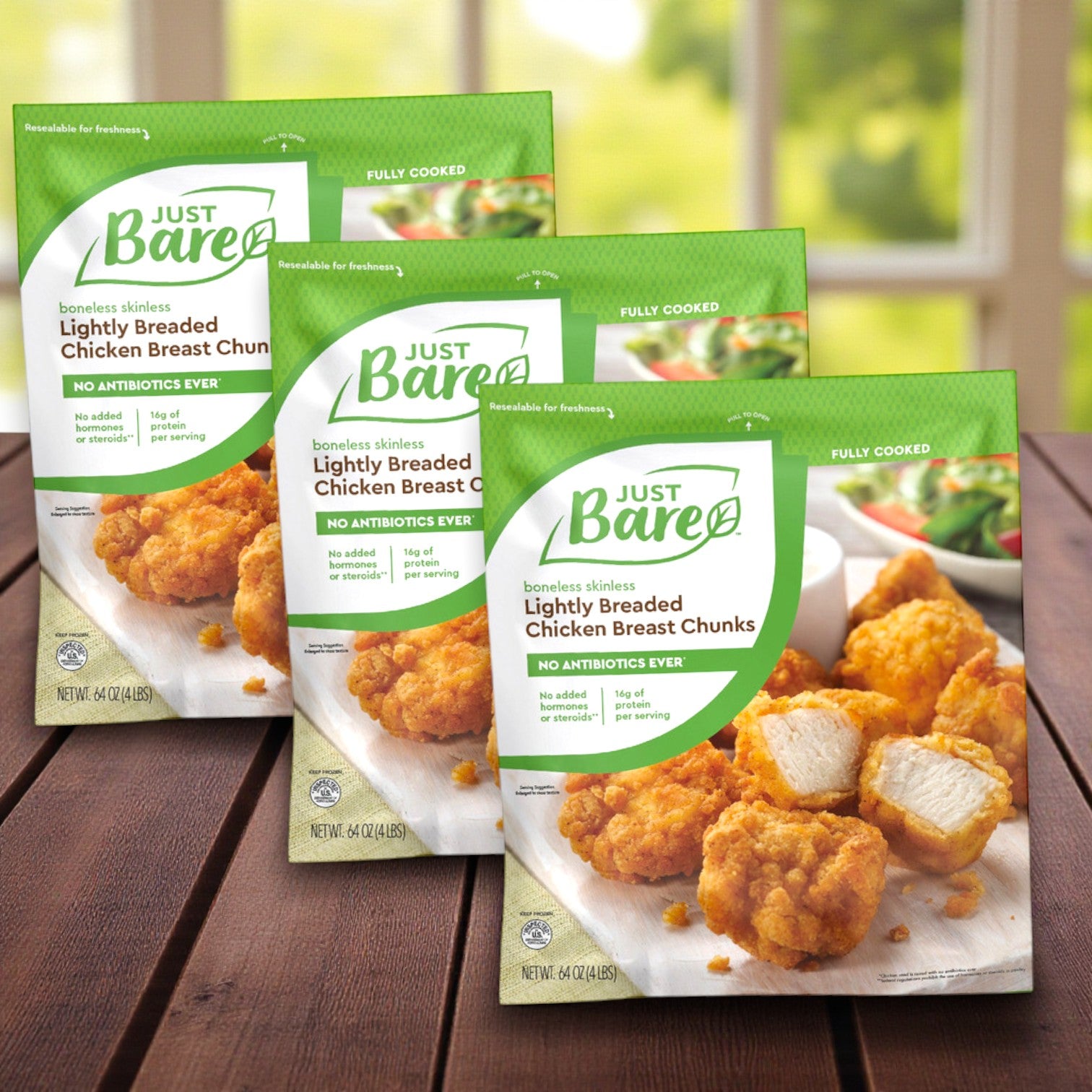 Just Bare Lightly Breaded Chicken Breast Chunks, Boneless Skinless β 4 lbs (3 Packs)