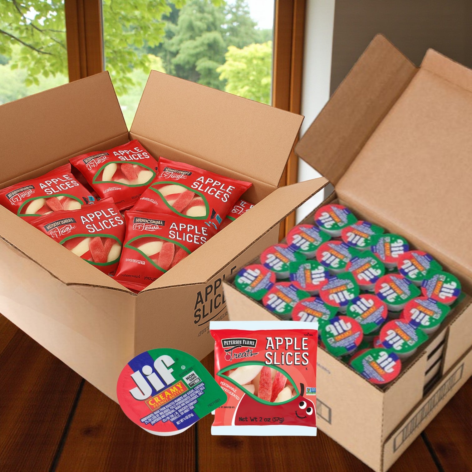 Peterson Farms Fresh Apple Slices and Jif Peanut Butter Snack Combo—100 of each—are displayed in open boxes on a table by a window, making the perfect grab-and-go option for school snacks.