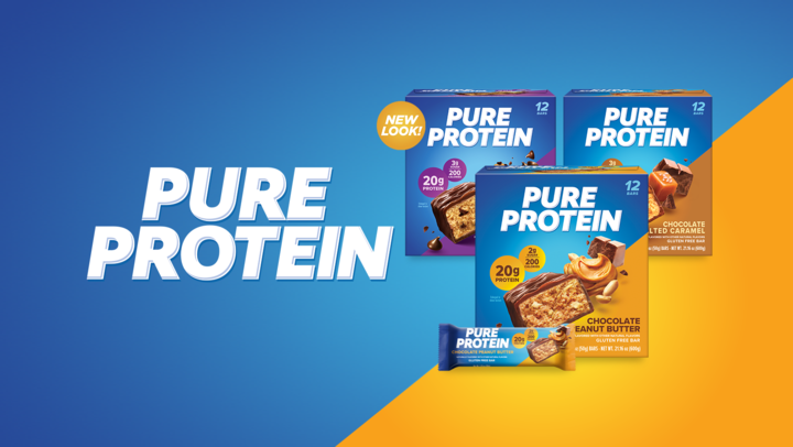 Three boxes and one bar of Pure Protein snack bars in various flavors are displayed on a blue and yellow background with the text "Pure Protein.