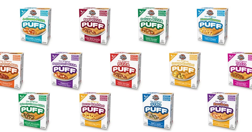 Twelve different varieties of puff pastry snacks in colorful boxes are arranged in three rows against a white background.
