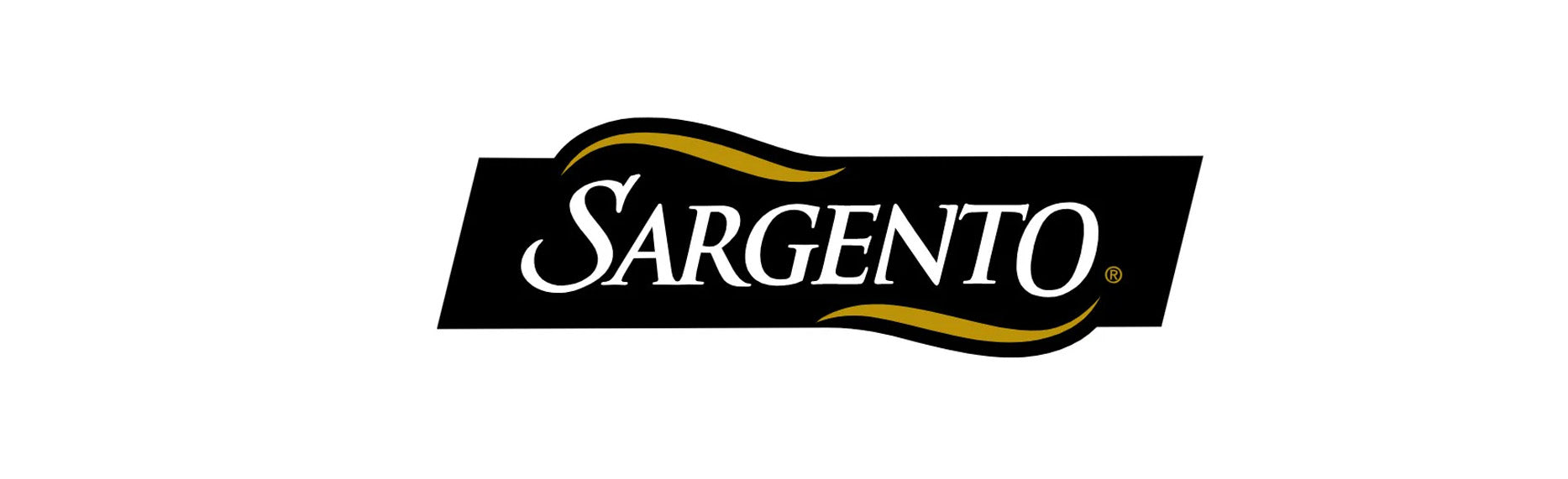 Sargento logo featuring bold white text on a black background with a gold wave design above and below the text.