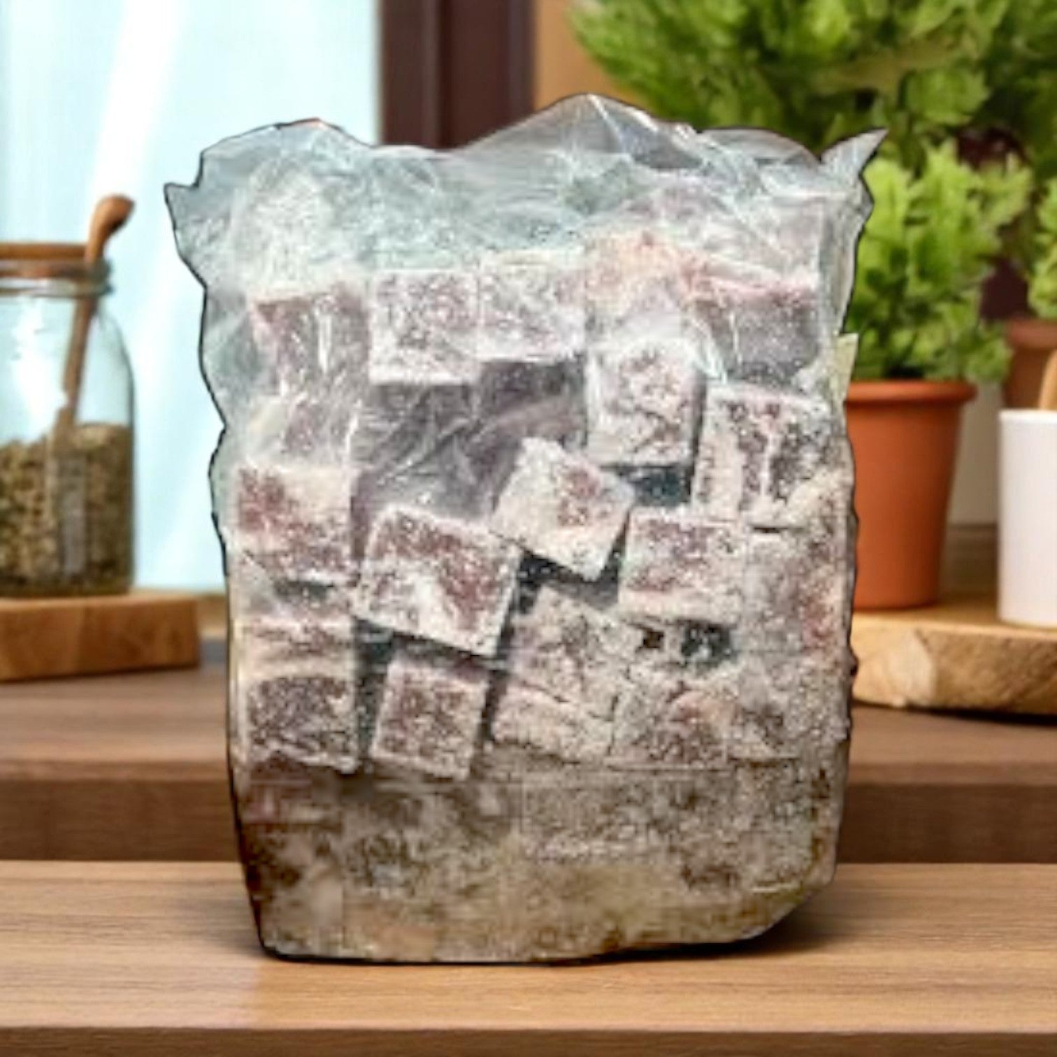 A clear bag of powdered sugar Turkish delight sits on a wooden countertop beside a case of Restaurant Depot Boneless Lamb Cubes, 1-1.5", Halal, Australia, 10 lbs.