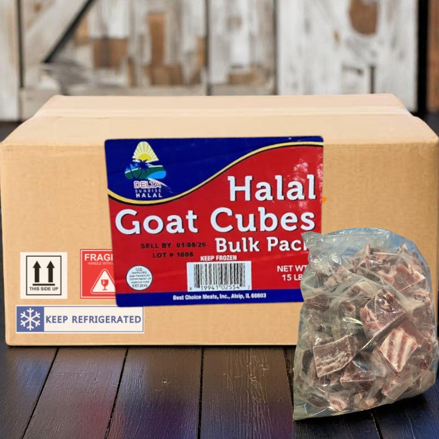 A cardboard box labeled "Restaurant Depot Halal Goat Cubes-15lbs-1 Case-Frozen" with a bag of premium-quality frozen halal goat cubes in front. Refrigerate and handle with care signs are visible on the box.